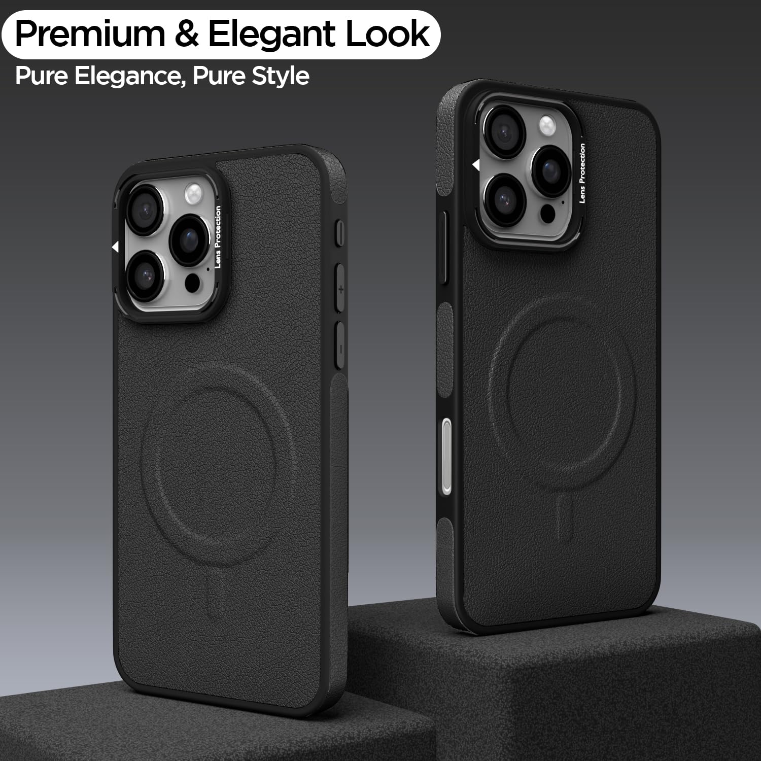 Pikkme iPhone 16 Pro Max Pu Leather with Metal Frame Lens Protection Bumper Case (Black)