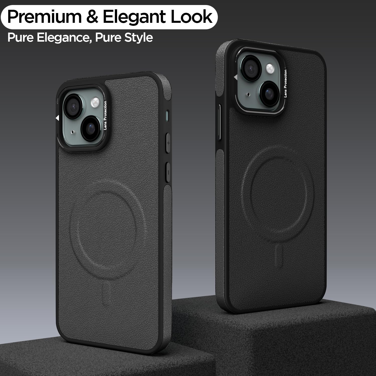 Pikkme iPhone 15 Pu Leather with Metal Frame Lens Protection Bumper Case (Black)
