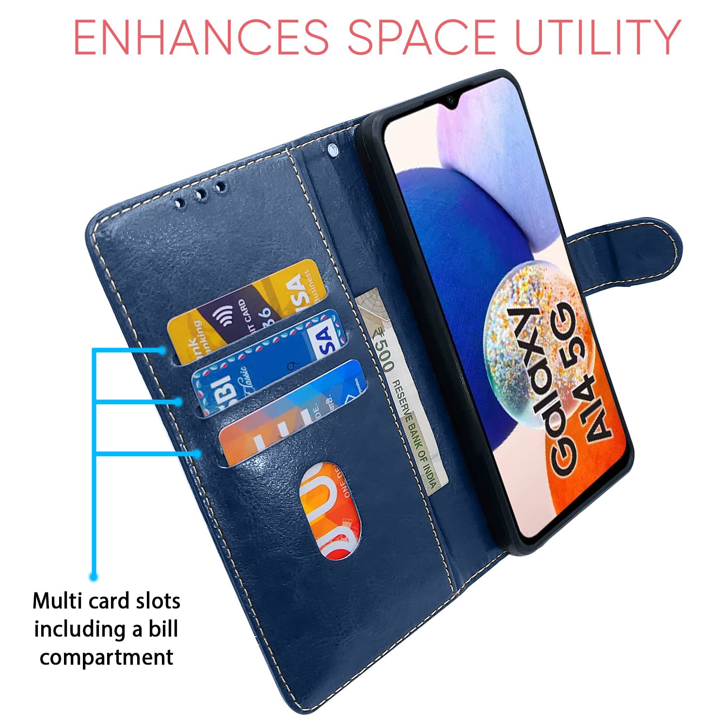 Blue & brown Magnetic wallet flip cover for Samsung A14 4G/A14 5G, Samsung A14 5G – Pikkme – photo 3