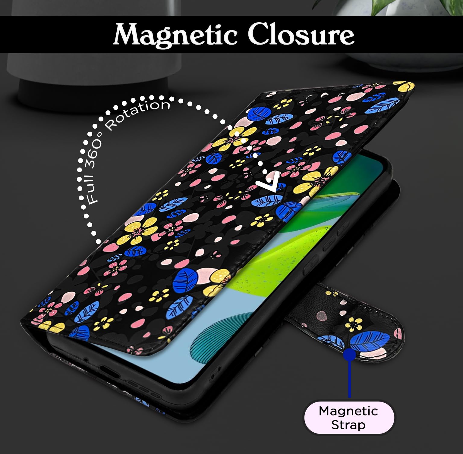 Moto E13 Wallet wallet flip cover in black flower by Pikkme – photo 2