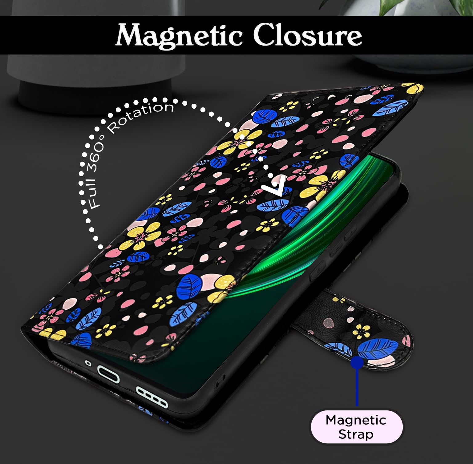 Realme 13 Plus 5G/P1 flip case in black flower by Pikkme – photo 6