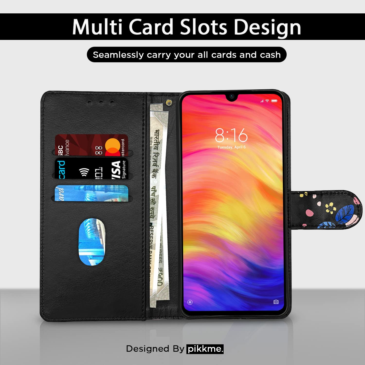 Pikkme Redmi Note 7 / Note 7 Pro/Note 7s Flower Flip Cover (Black)