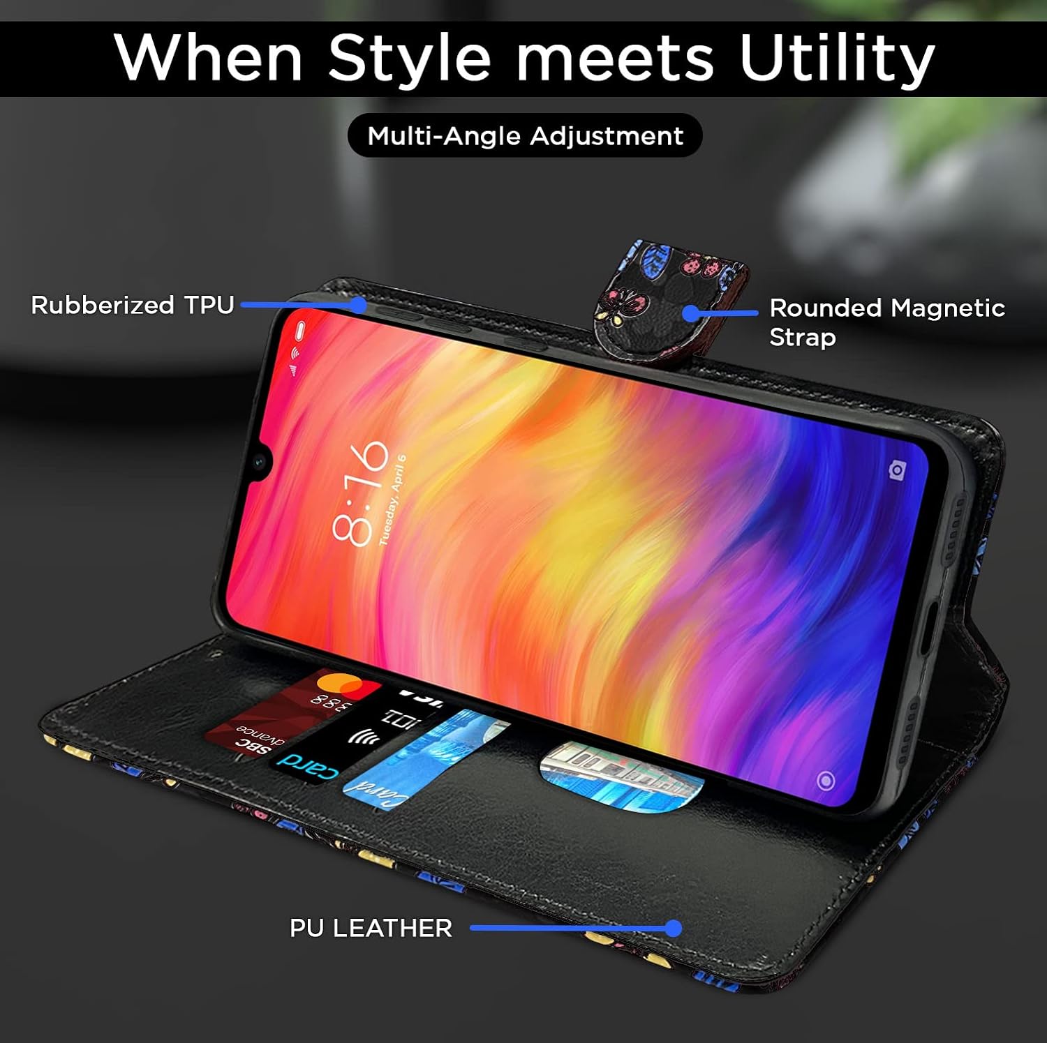 Pikkme Redmi Note 7 / Note 7 Pro/Note 7s Flower Flip Cover (Black)