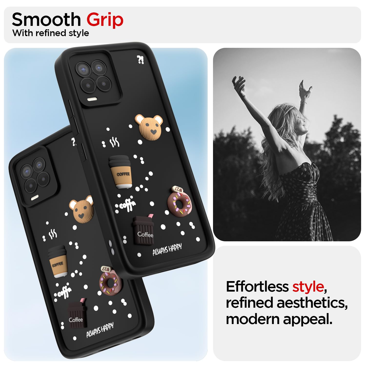 Pikkme Realme 8 4G / 8 Pro Cute Fun Cartoon 3D Bear Coffee Back Cover (Black)