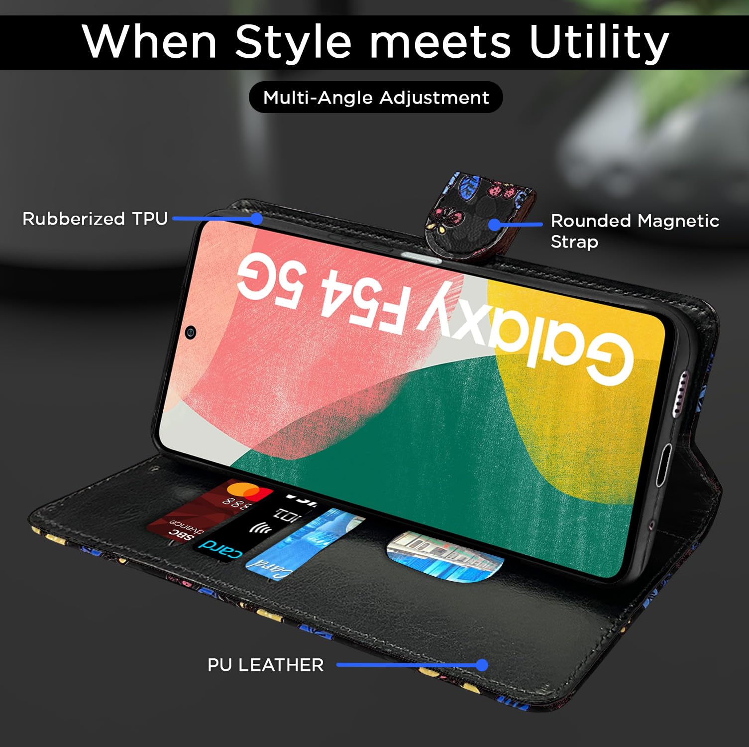 Black flower wallet flip cover for Samsung F54 5G – Pikkme – photo 5