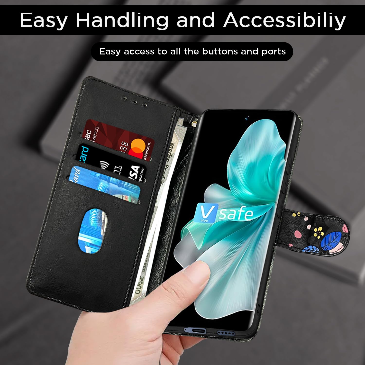 Pikkme Vivo V30 5G black flower mobile flip cover – photo 4