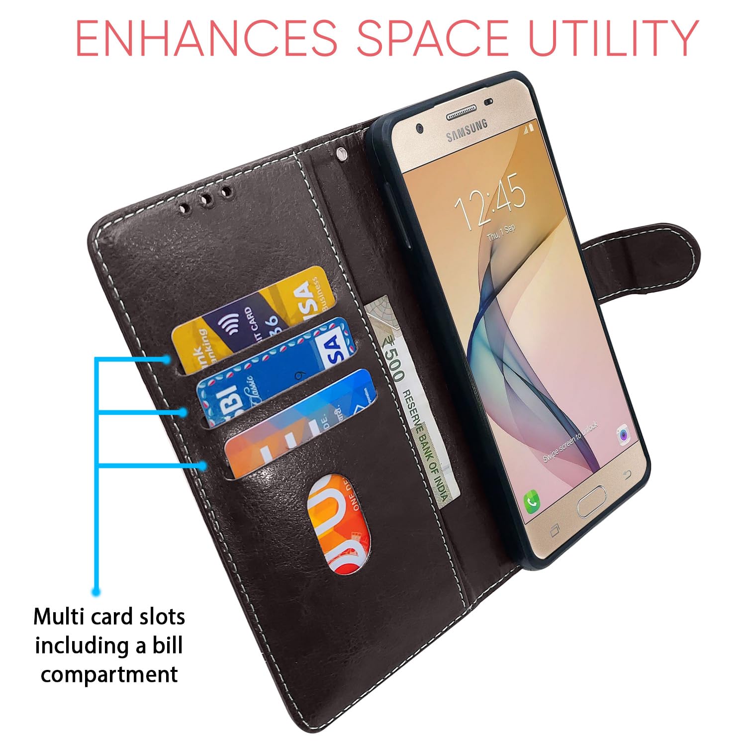 Samsung J5 Prime wallet flip cover in coffee & brown by Pikkme – photo 3