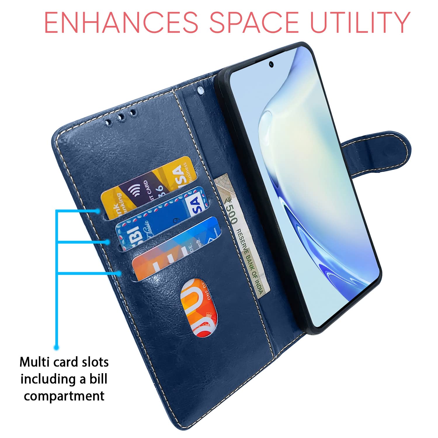 Vivo V27/V27 Pro 5G Magnetic wallet flip cover in blue & brown by Pikkme – photo 3