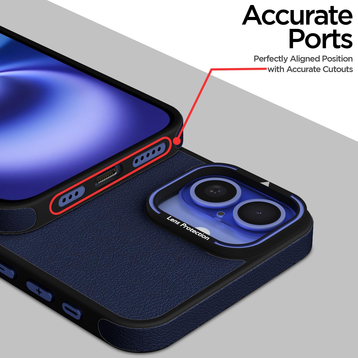 Pikkme iPhone 16 Pu Leather with Metal Frame Lens Protection Bumper Case (Blue)