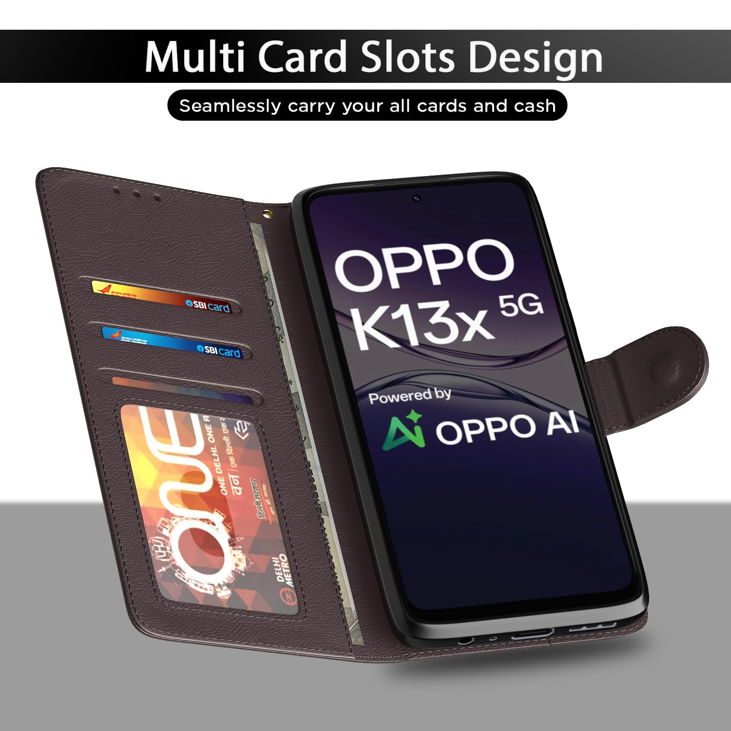 Pikkme Oppo K13x 5G Premium Leather Finish Vintage Flip Cover (Coffee)