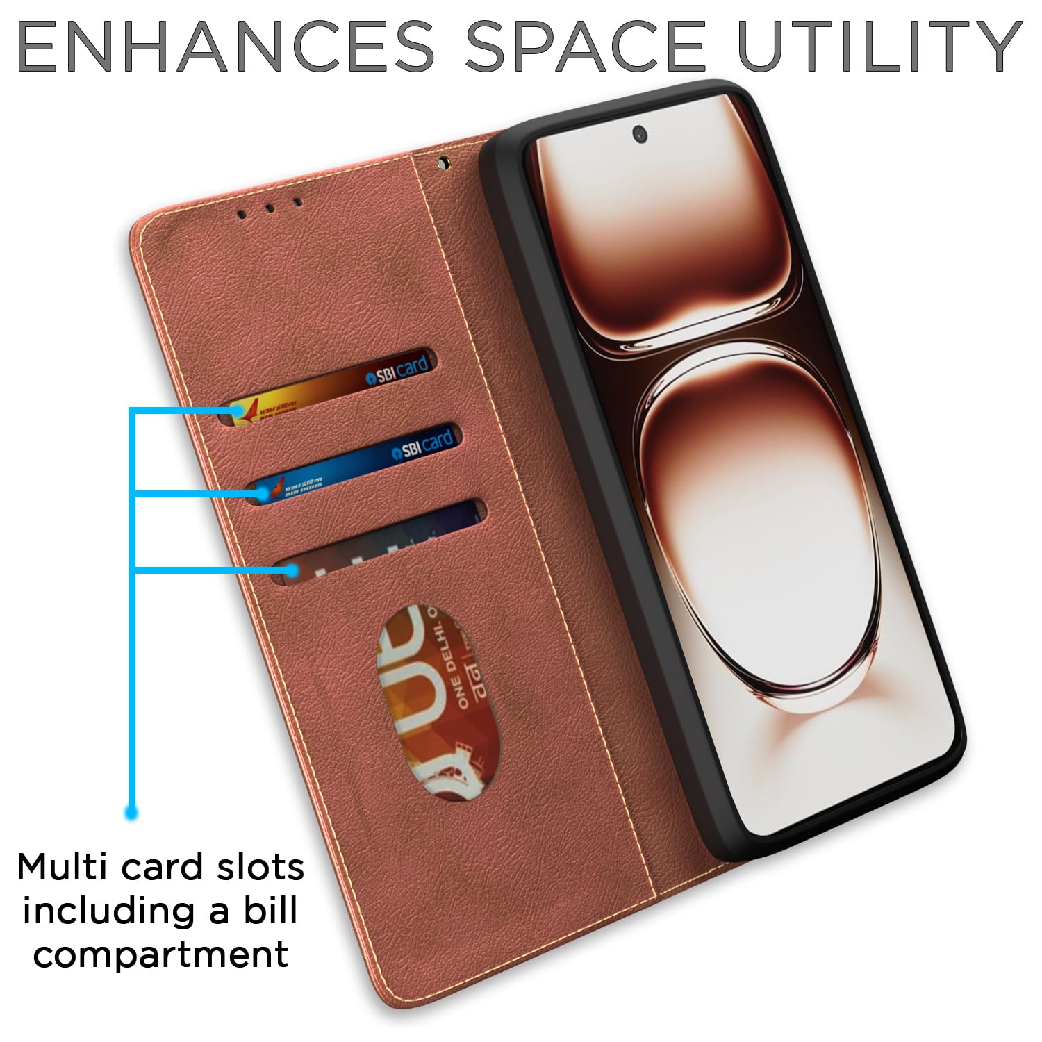 Pikkme brown mobile flip cover for Oppo Reno 12 Pro 5G – photo 3