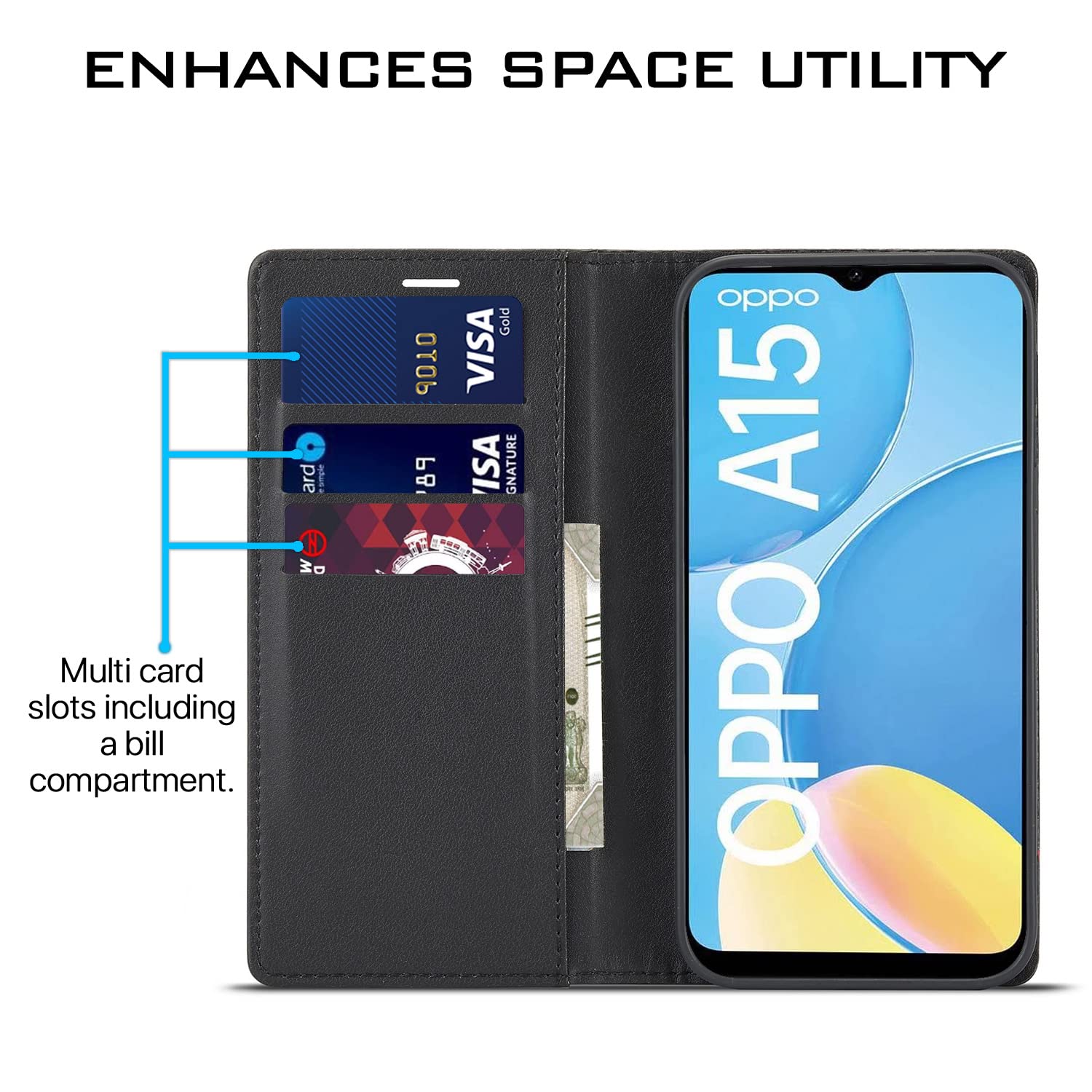 Oppo A15/A15s Wallet wallet flip cover in black by Pikkme – photo 3