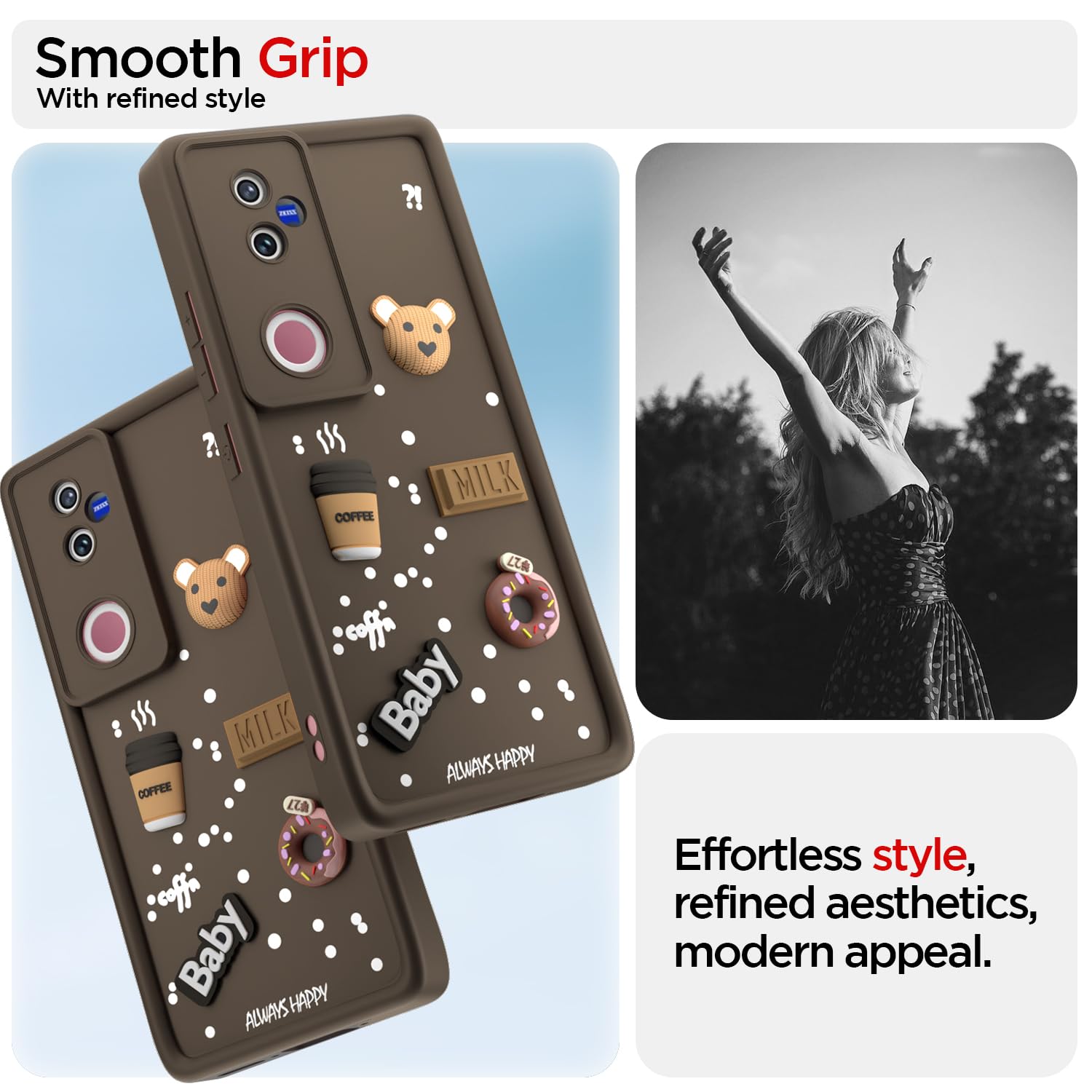 Pikkme Vivo V50 5G Cute Fun Cartoon 3D Bear Coffee Back Cover (brown)