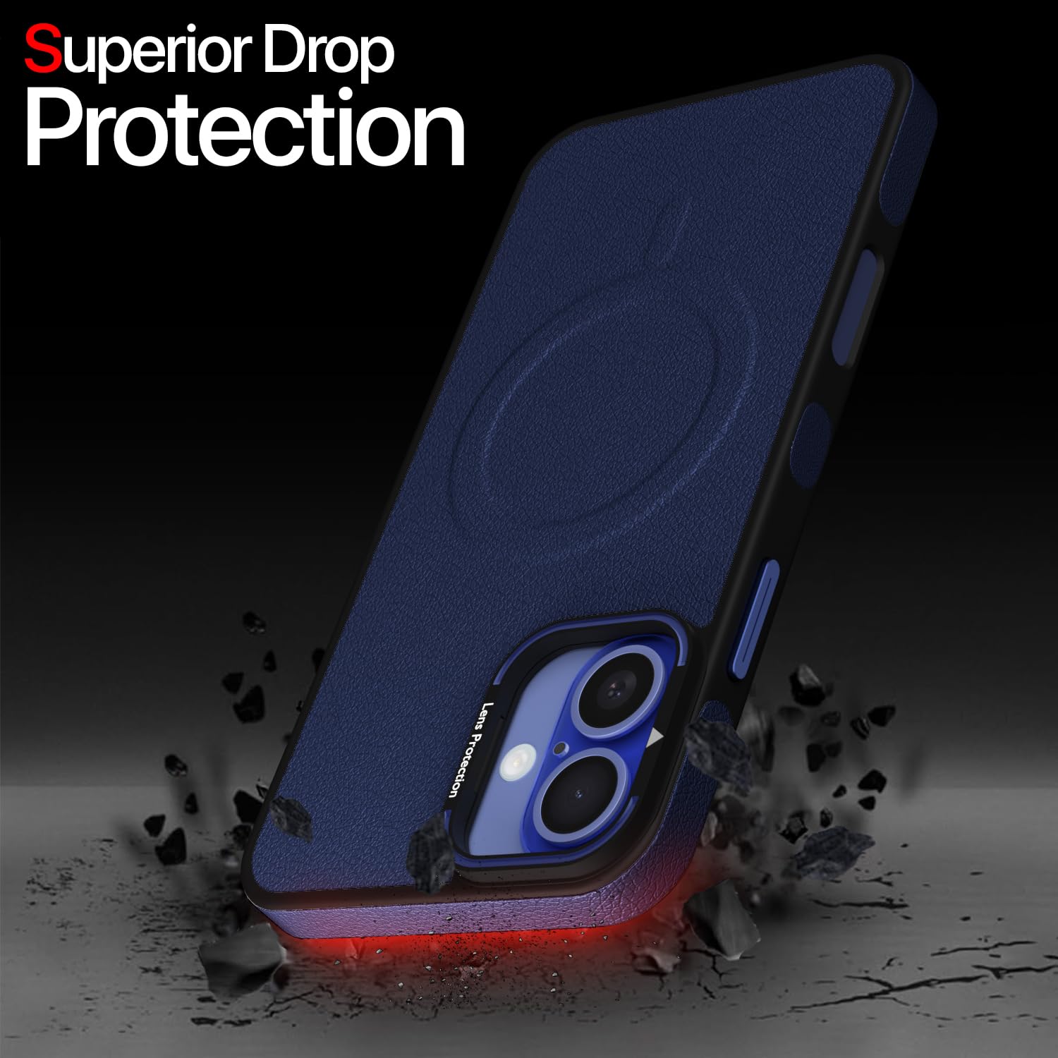 Pikkme iPhone 16 Plus Pu Leather with Metal Frame Lens Protection Bumper Case (Blue)