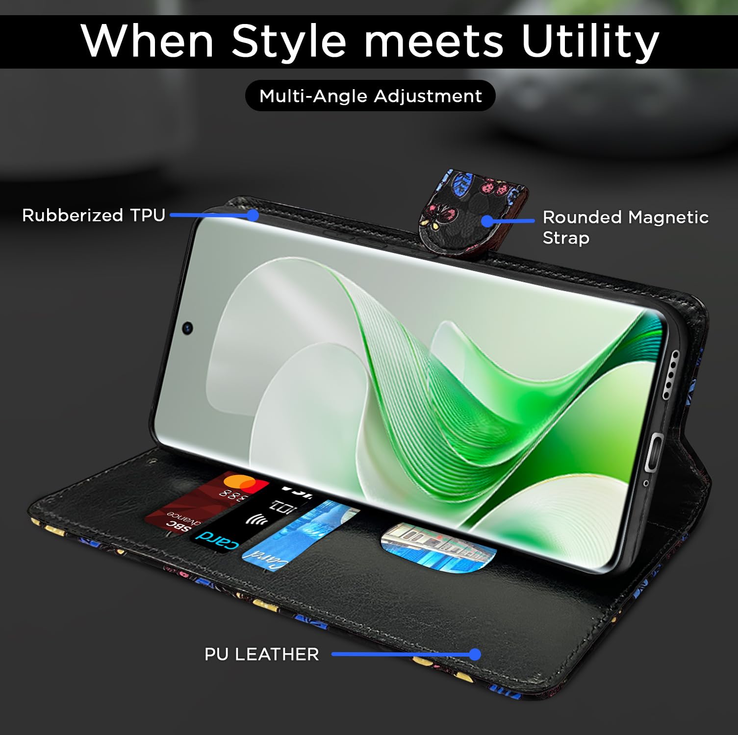 Pikkme Vivo V40e/iQOO Z9s 5G black flower mobile flip cover – photo 5