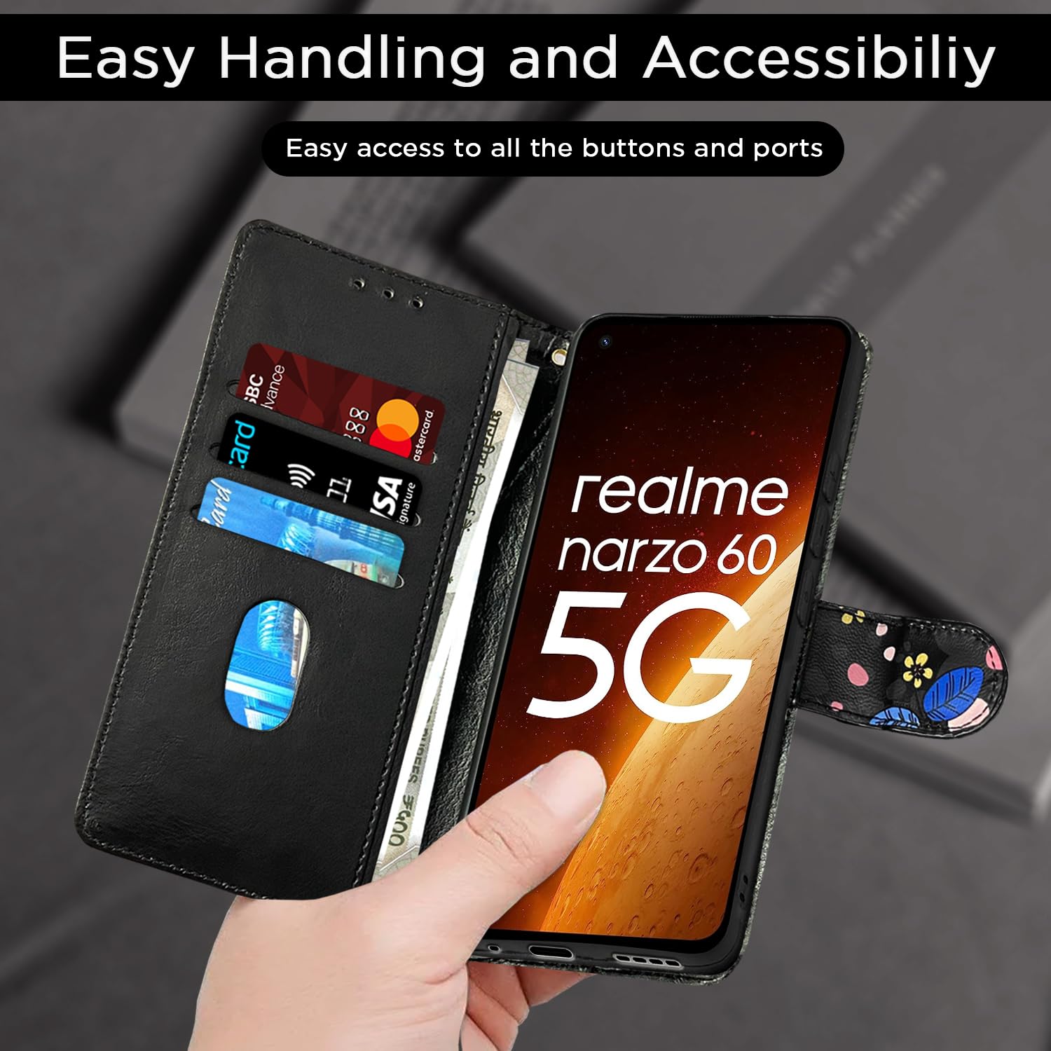 Pikkme Realme Narzo 60 5G black flower mobile flip cover – photo 7