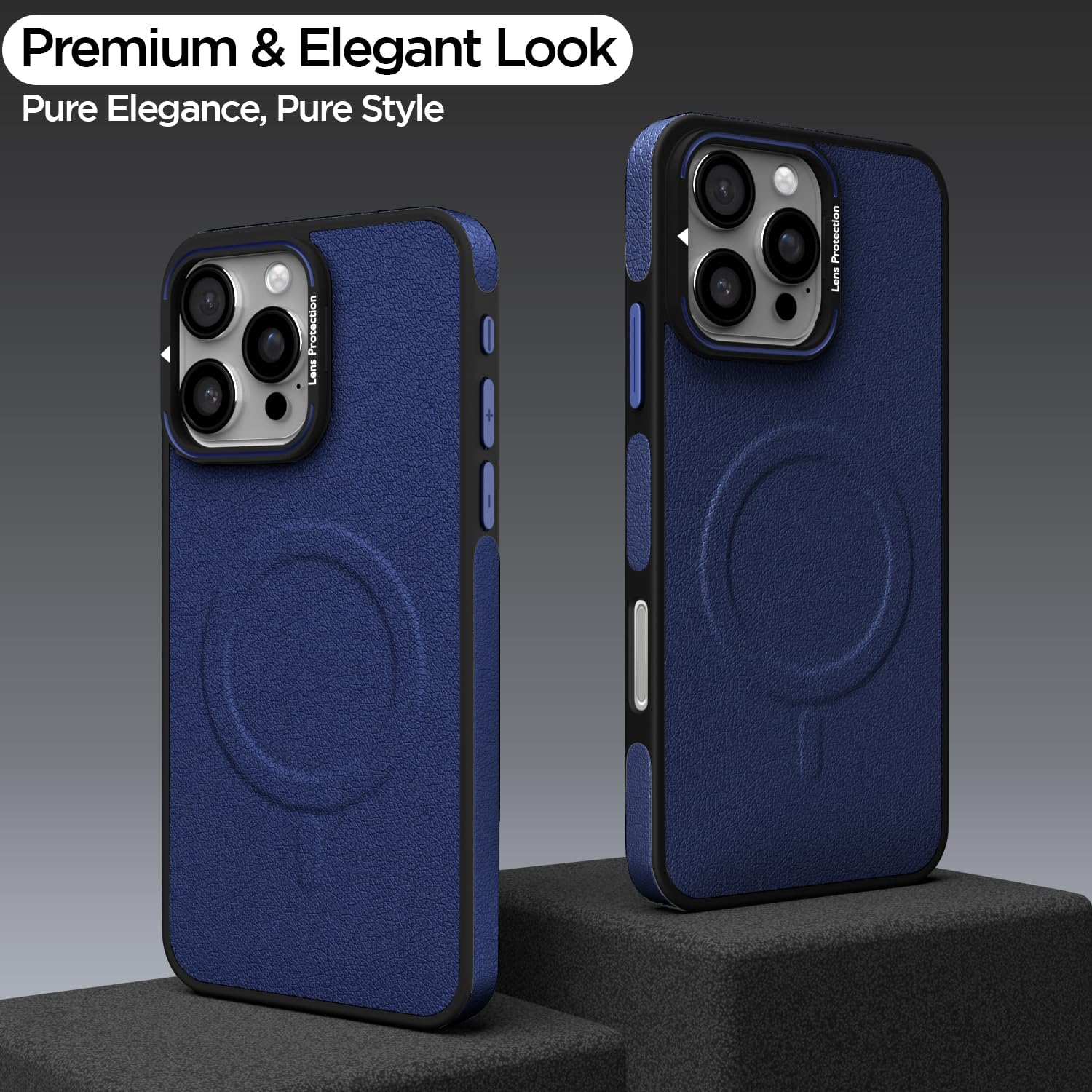 Pikkme iPhone 16 Pro Max Pu Leather with Metal Frame Lens Protection Bumper Case (Blue)
