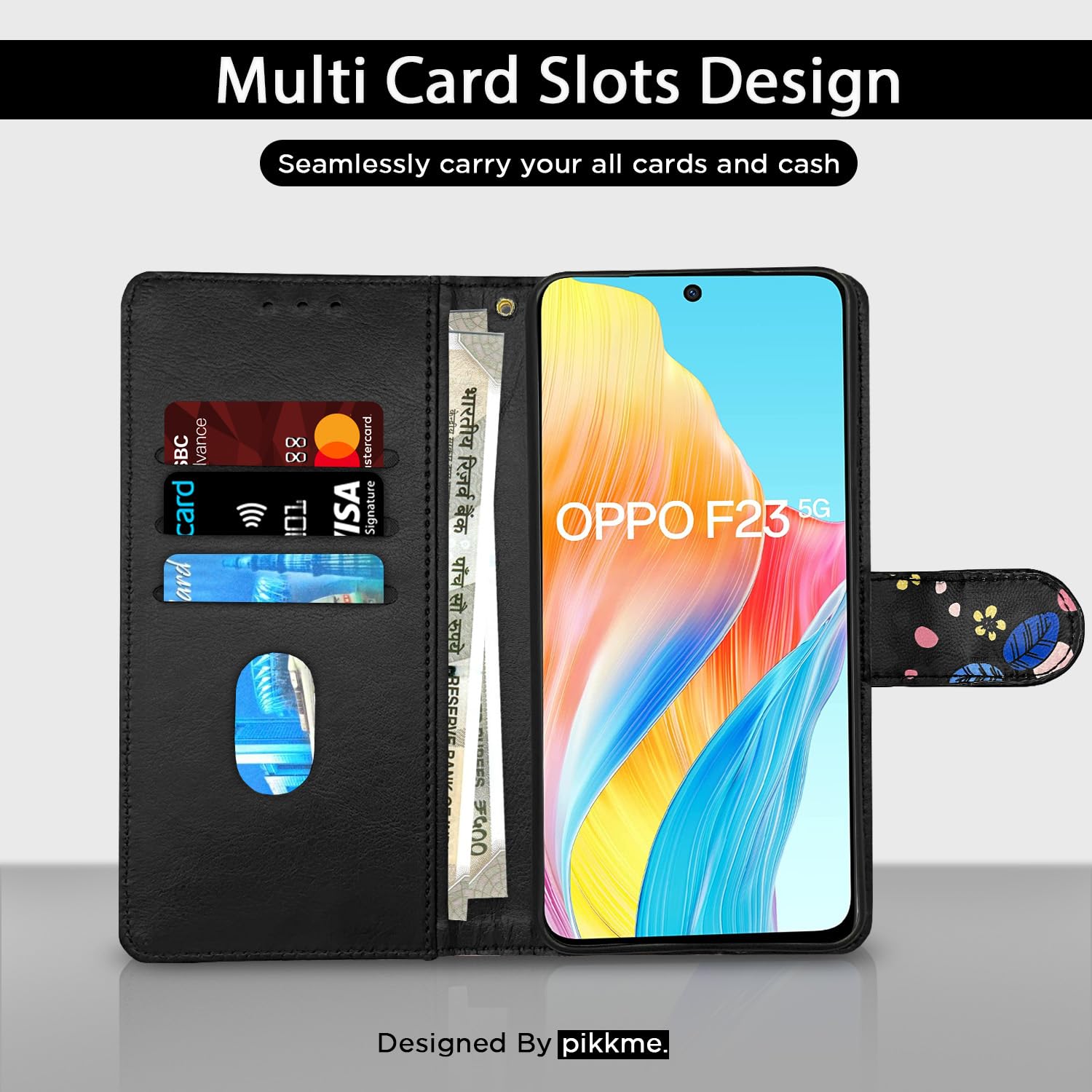 Pikkme black flower Wallet flip case for Oppo F23 5G – photo 2