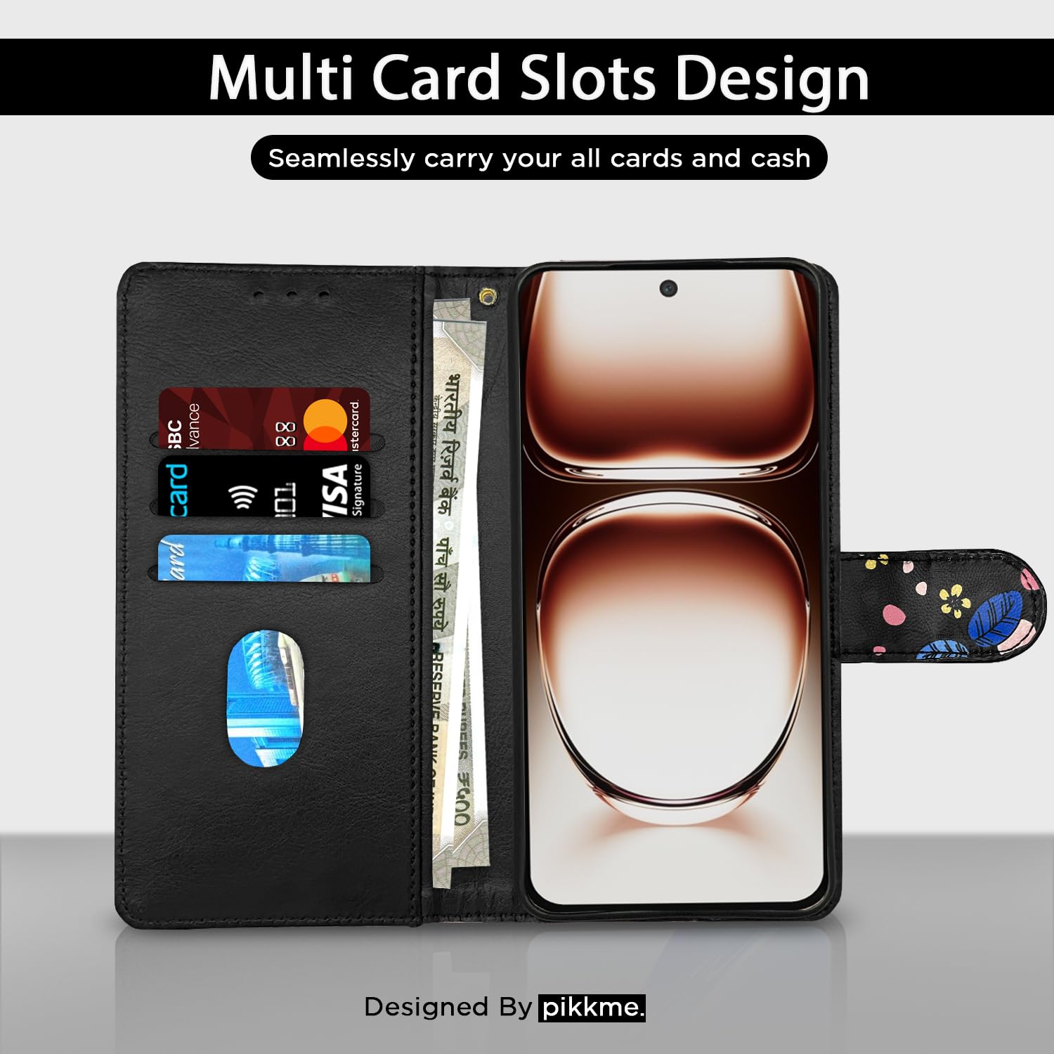 Pikkme Oppo Reno 12 Pro 5G Wallet black flower flip case – photo 2