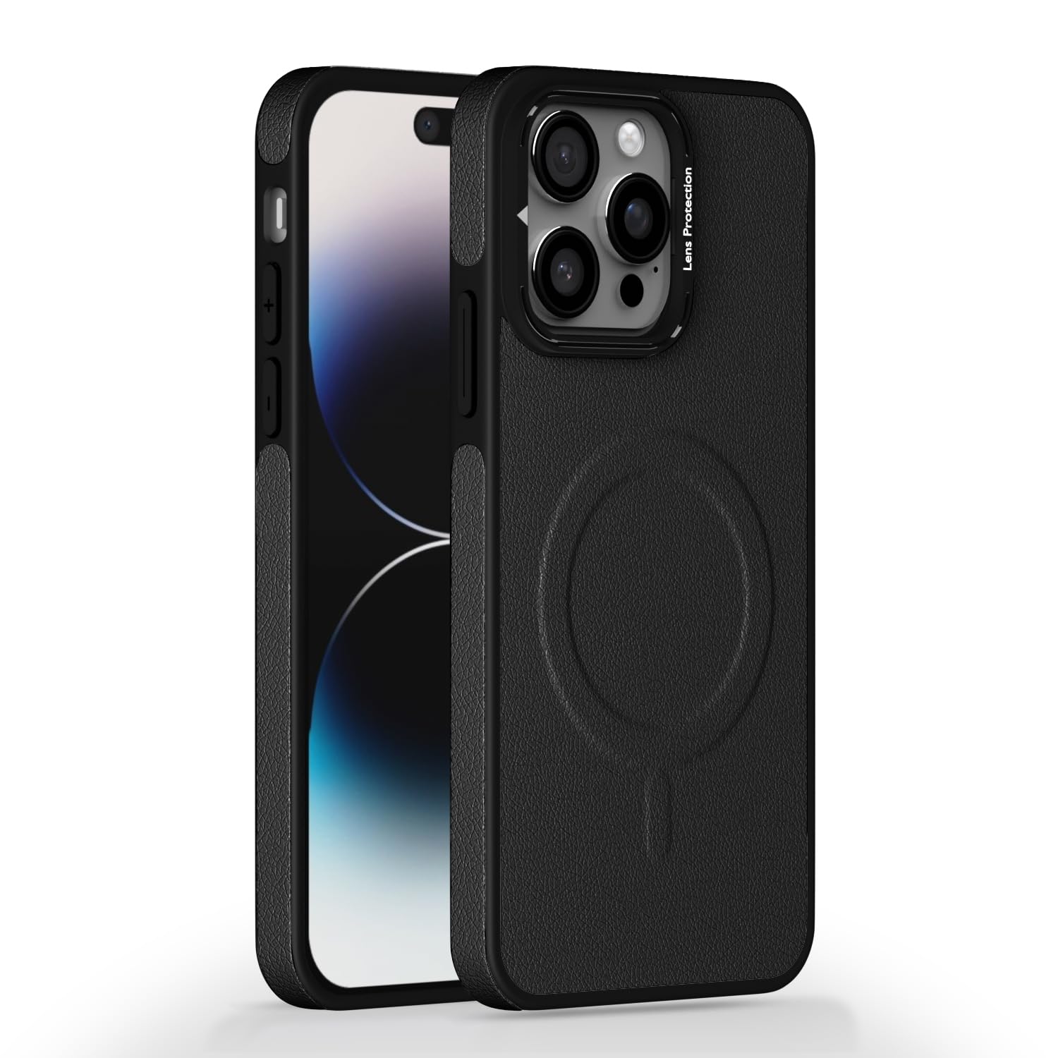 Pikkme iPhone 14 Pro Pu Leather with Metal Frame Lens Protection Bumper Case (Black)