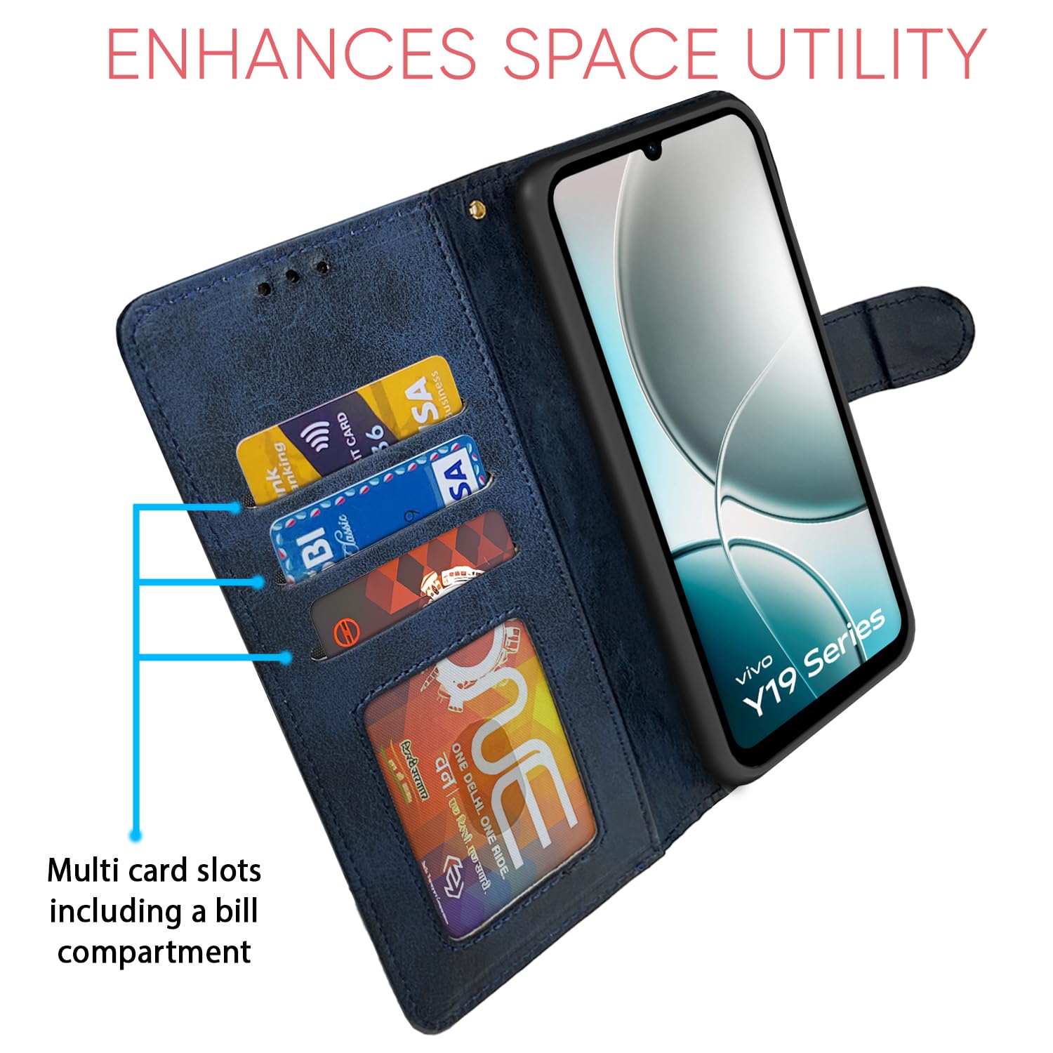 Pikkme Vivo Y19e / Y04 4G / Y29s 5G Dual-Tone PU Leather Finish Magnetic Flip Cover (Navy Blue)
