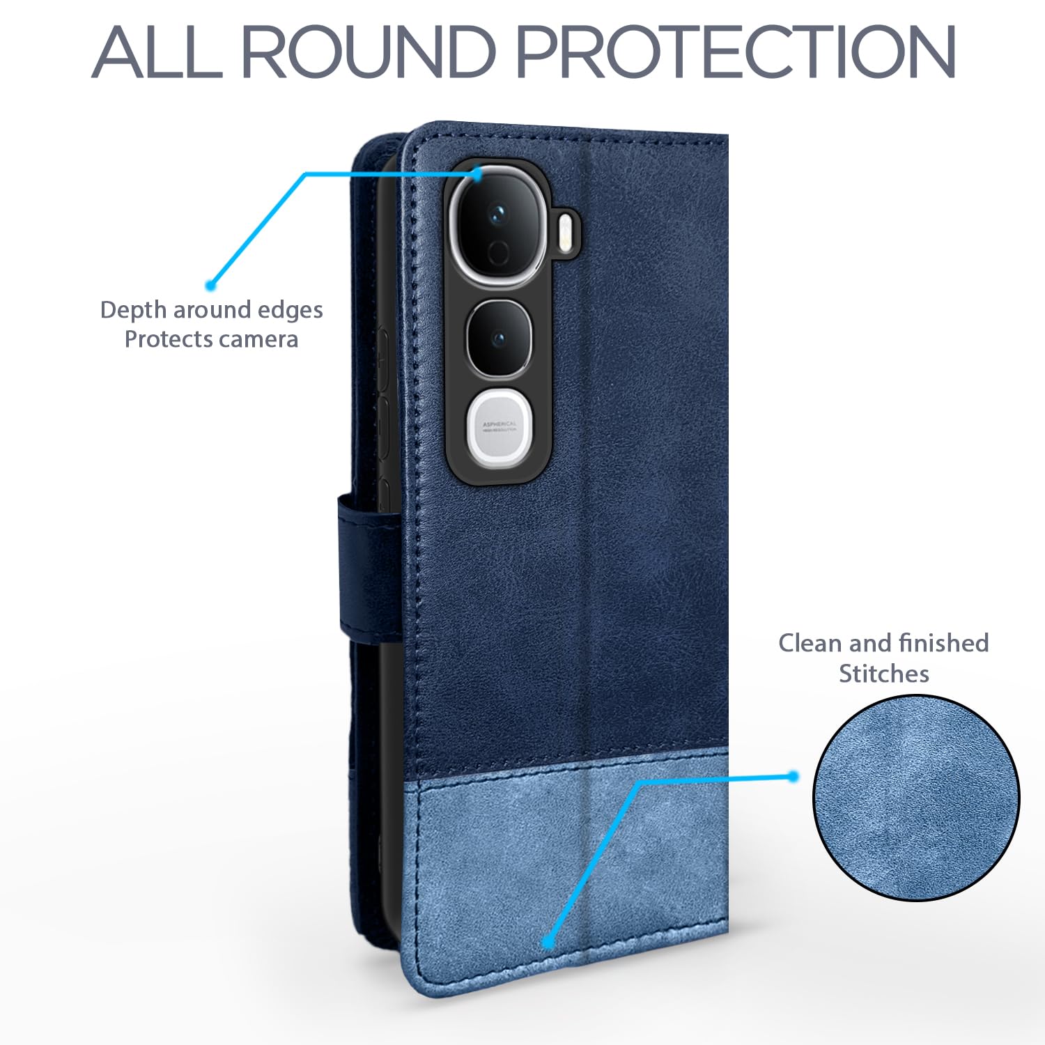 Pikkme Vivo Y400 Pro 5G Dual-Tone PU Leather Finish Magnetic Flip Cover (Navy & Light Blue)
