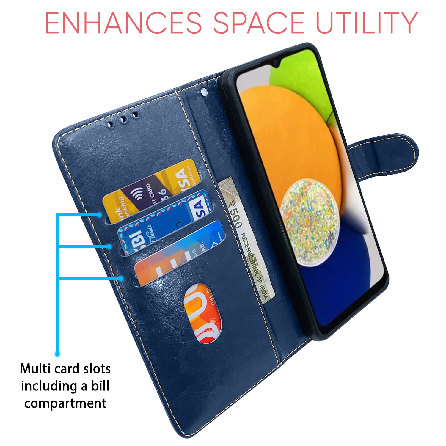 Blue & brown Magnetic wallet flip cover for Samsung A03 – Pikkme – photo 3