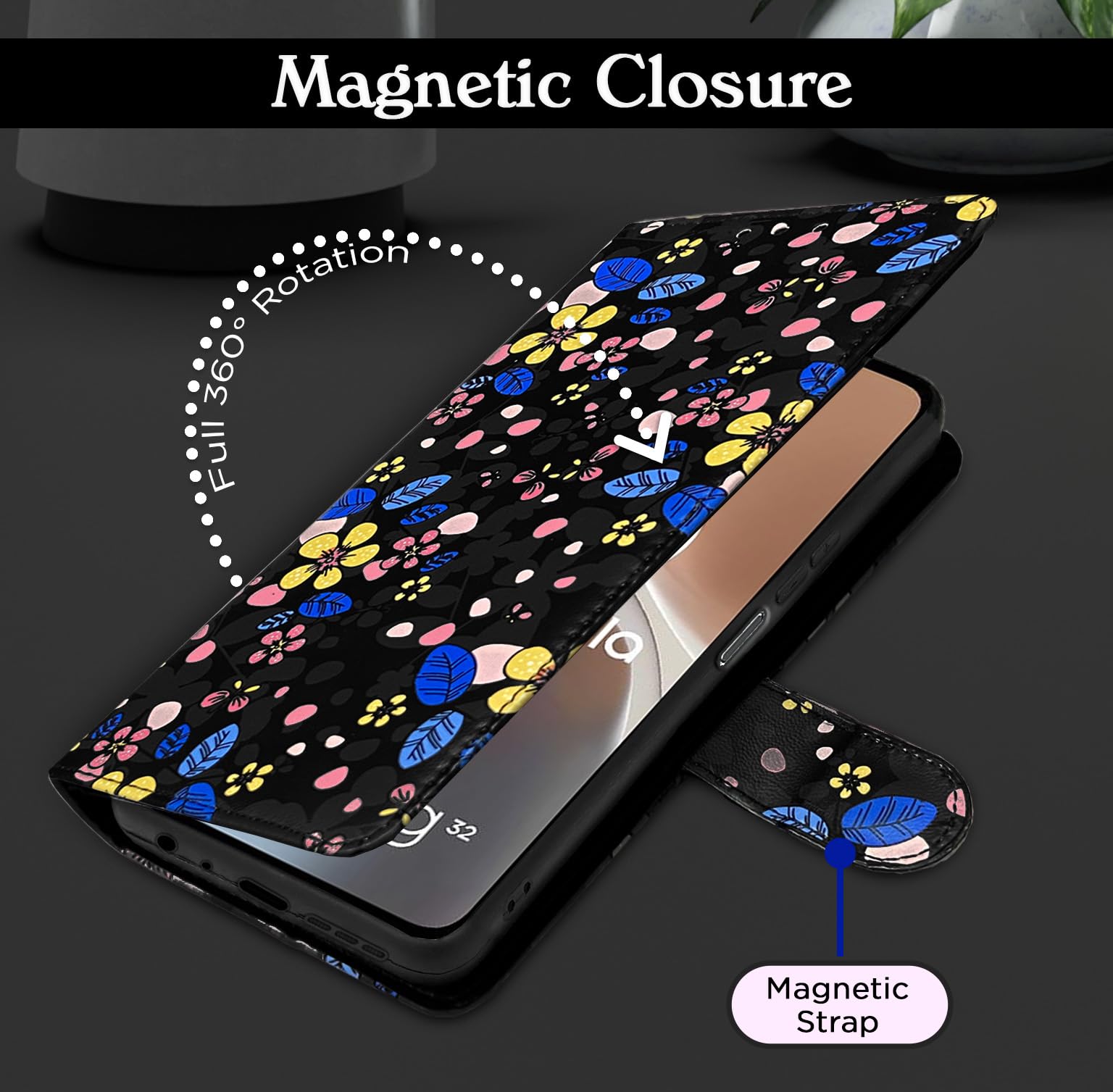 Moto G32 wallet flip cover in black flower by Pikkme – photo 2