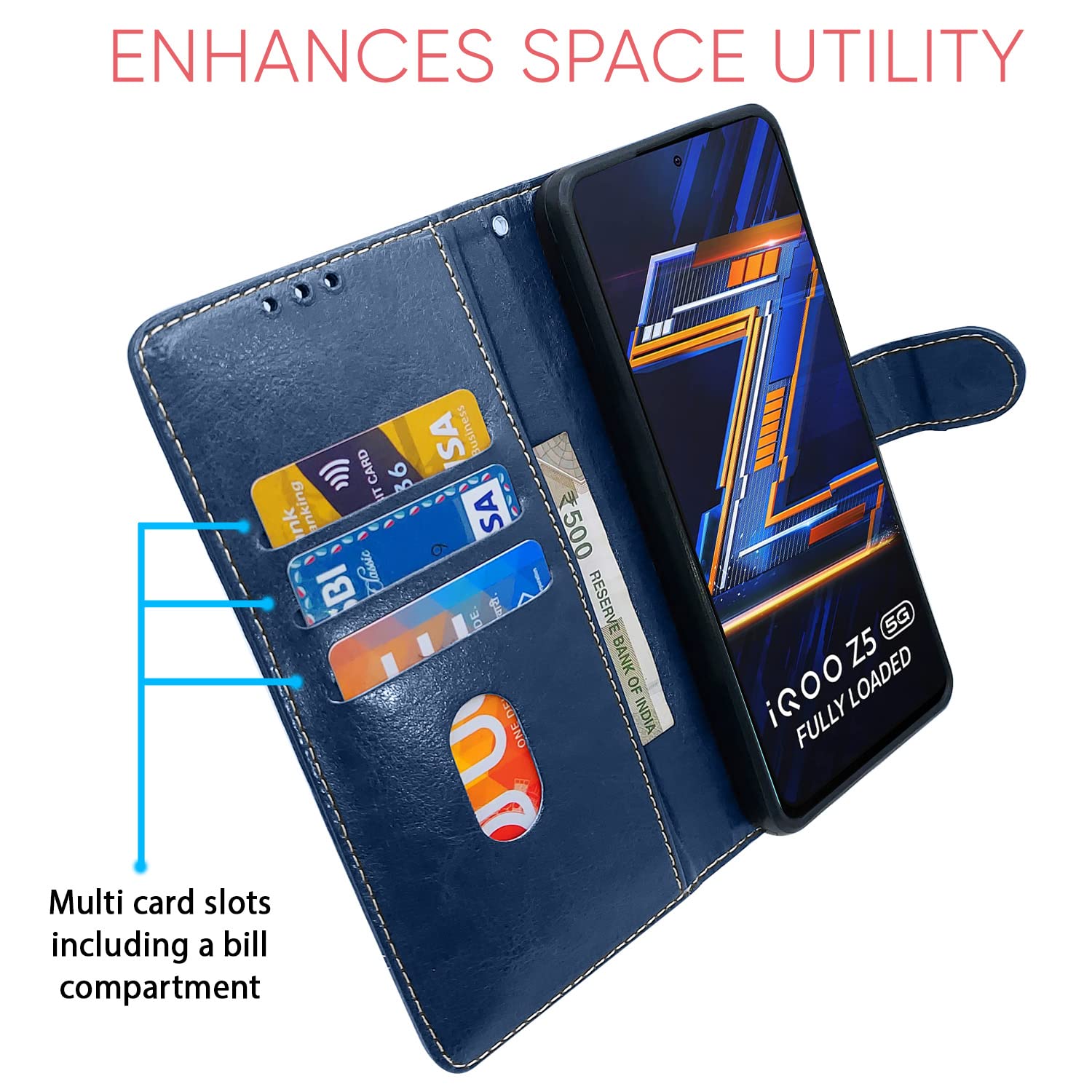 Pikkme blue & brown wallet flip cover for iQOO Z5 5G – photo 3