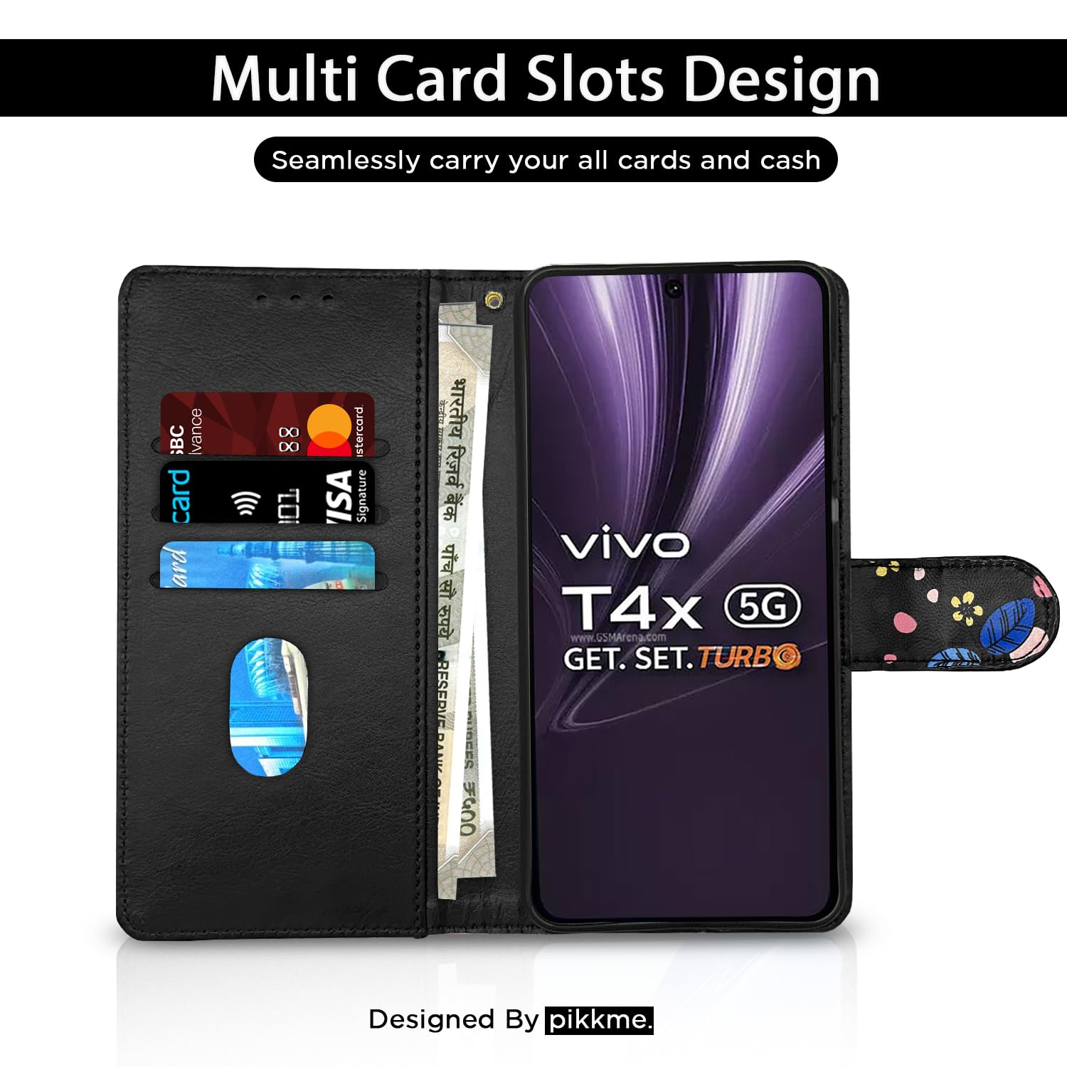 Pikkme black flower Wallet mobile flip cover for Vivo T4x/iQOO Z10x/Y31 Pro 5G – photo 2