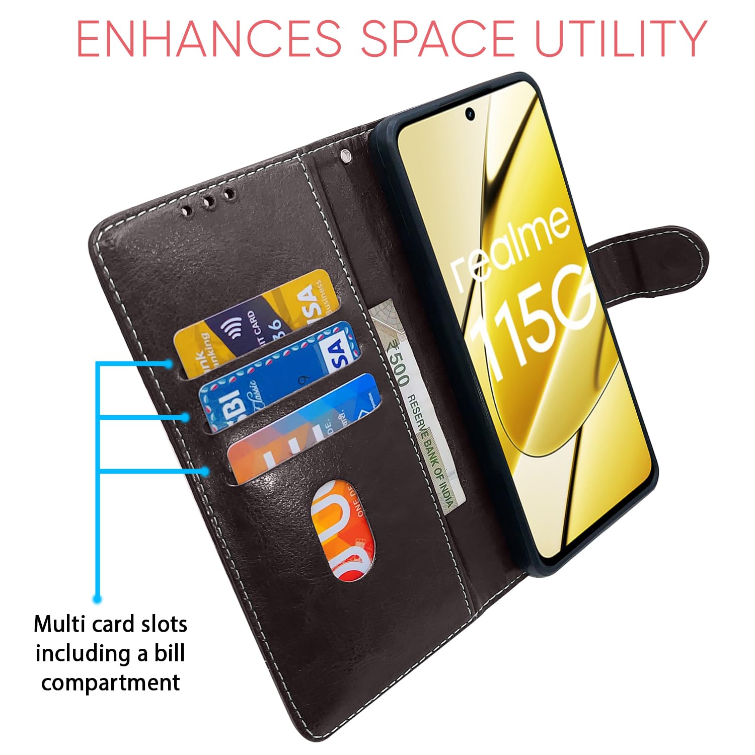 Pikkme coffee & brown mobile flip cover for Realme 11/11X 5G/Narzo 60X 5G – photo 3