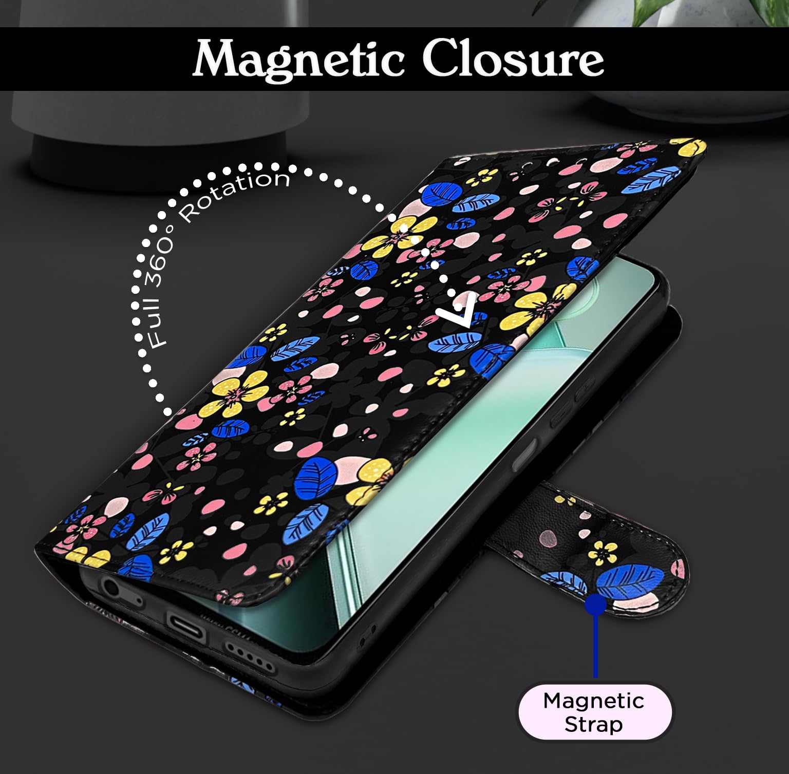 Pikkme iQOO Z9x 5G black flower wallet flip cover – photo 6