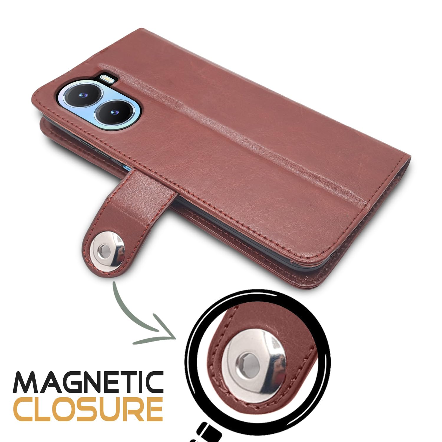 Vivo T2X/Y16/Y56 5G Button flip cover in brown by Pikkme – photo 4
