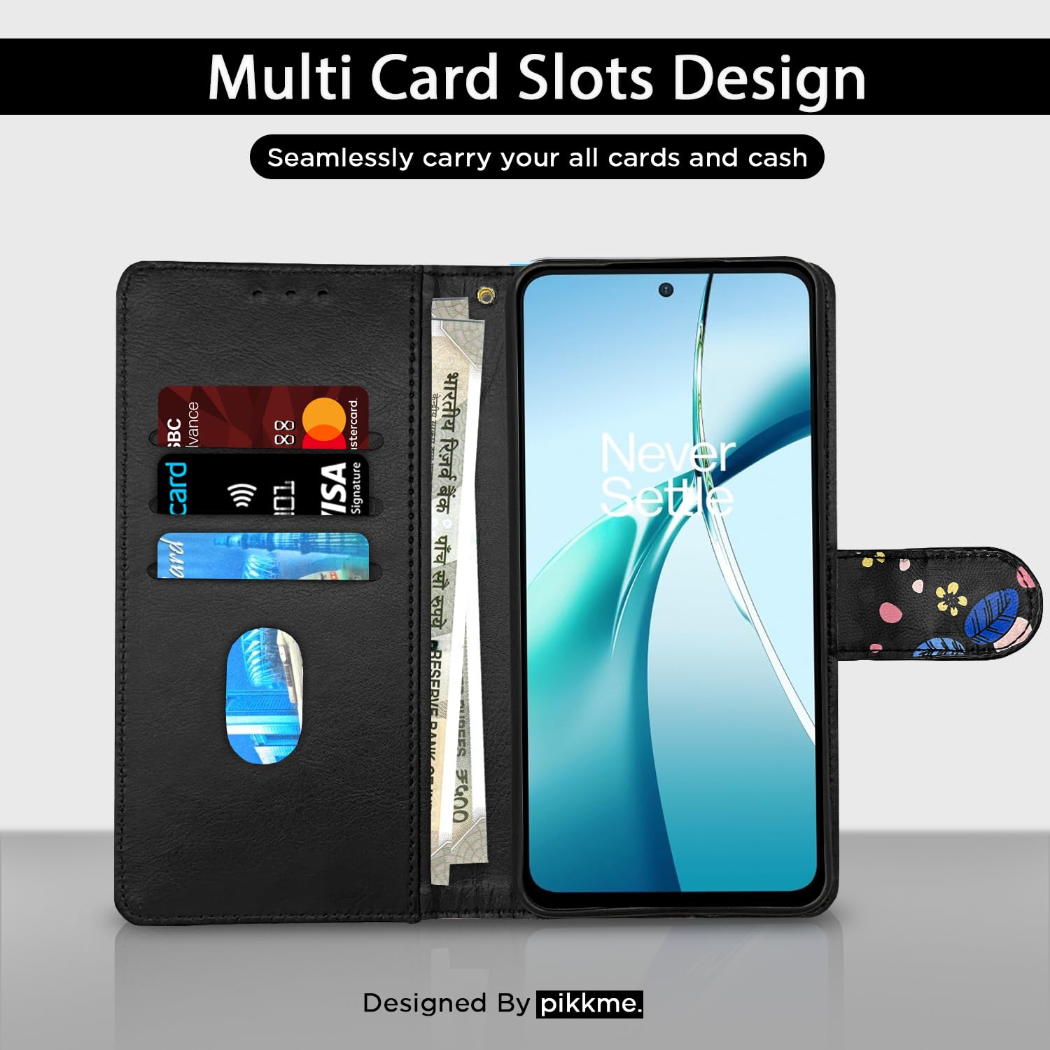 OnePlus Nord CE 4 Lite 5G wallet flip cover in black flower by Pikkme – photo 2