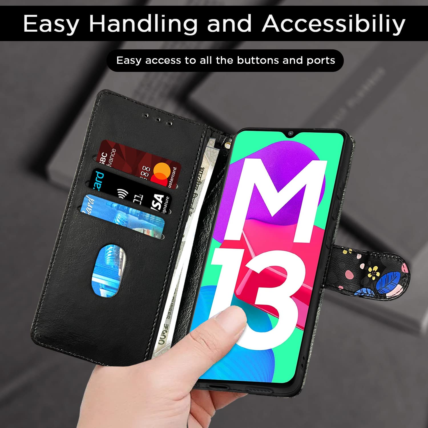 Pikkme Samsung Galaxy M13 4G Flower Flip Cover (Black)