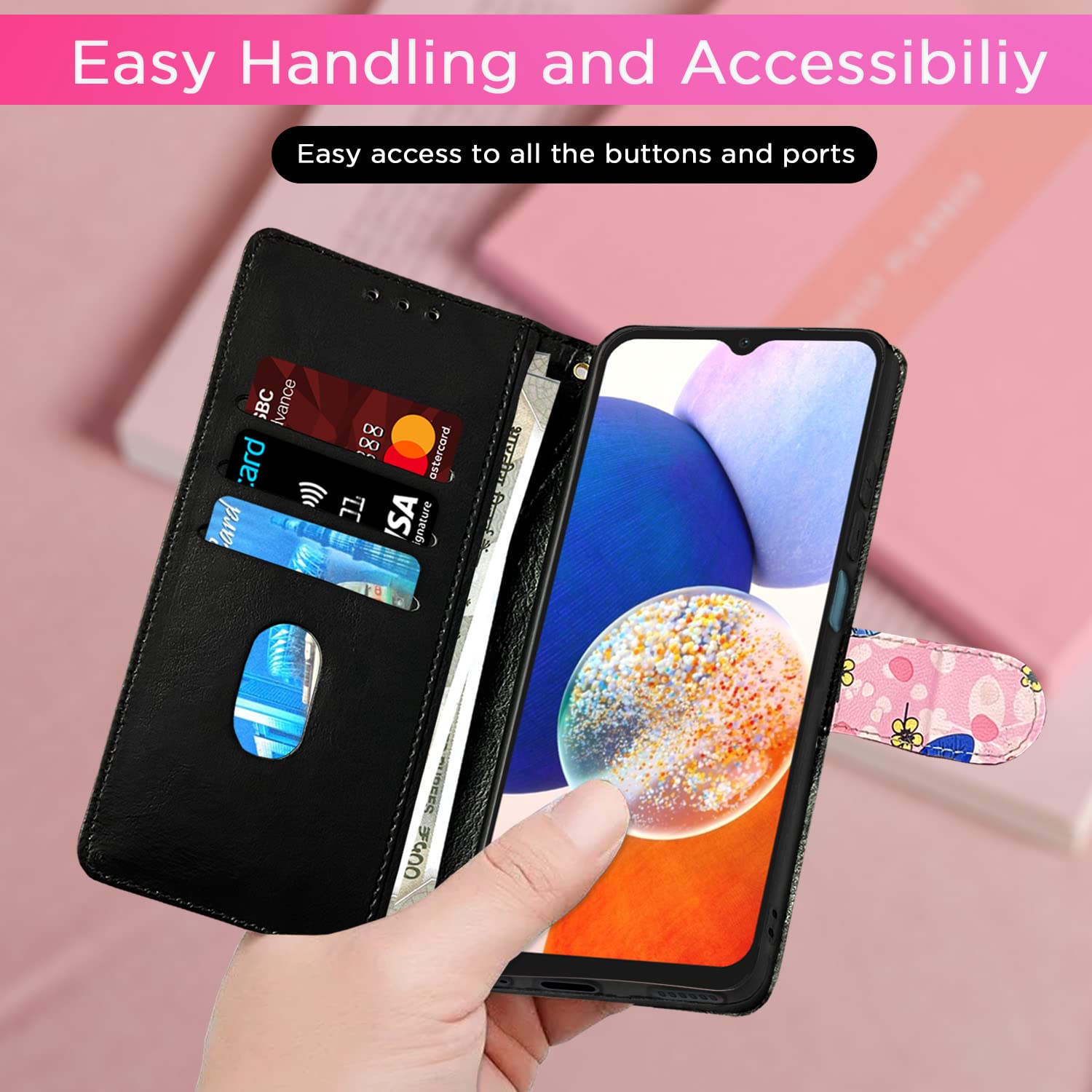 Pikkme Samsung Galaxy A14 5G Flower Flip Cover (Pink)