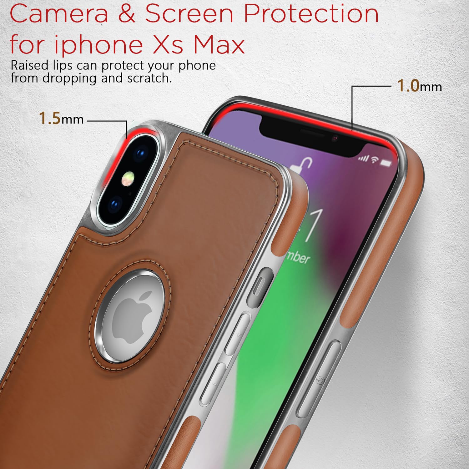 Pikkme iPhone Xs Max Silver Electroplated Chrome Leather Back Cover (Tan)