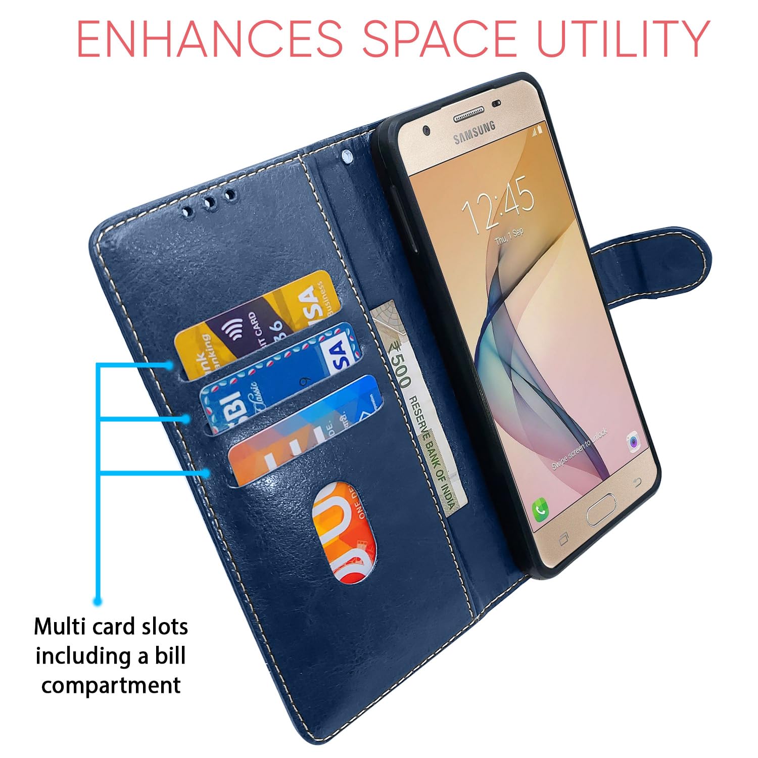 Samsung J5 Prime Magnetic flip cover in blue & brown by Pikkme – photo 4