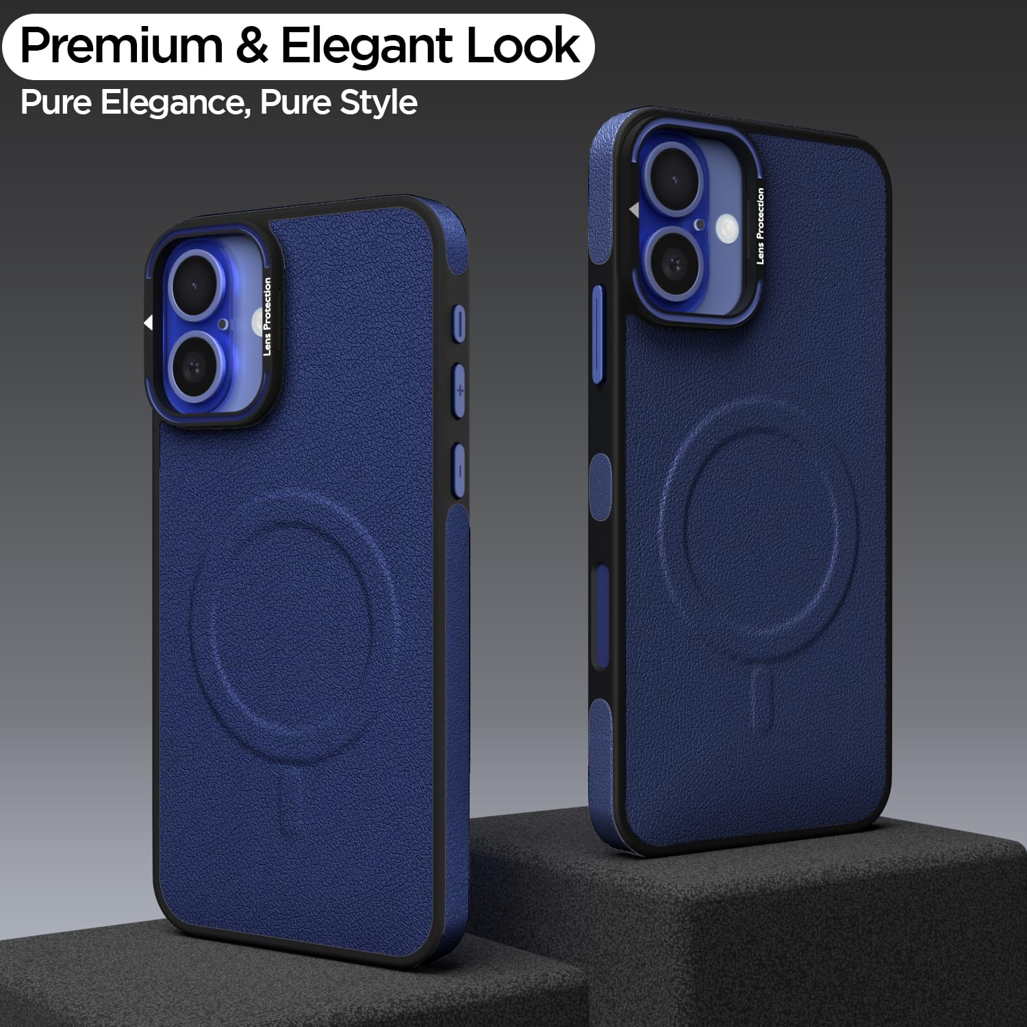 Pikkme iPhone 16 Plus Pu Leather with Metal Frame Lens Protection Bumper Case (Blue)