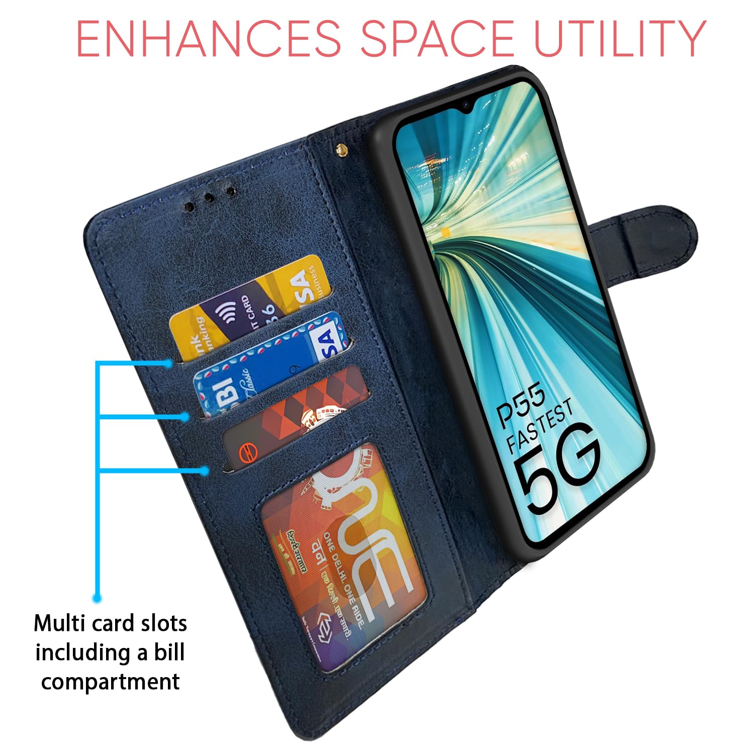 Itel P55 5G flip cover in navy & light blue by Pikkme – photo 4