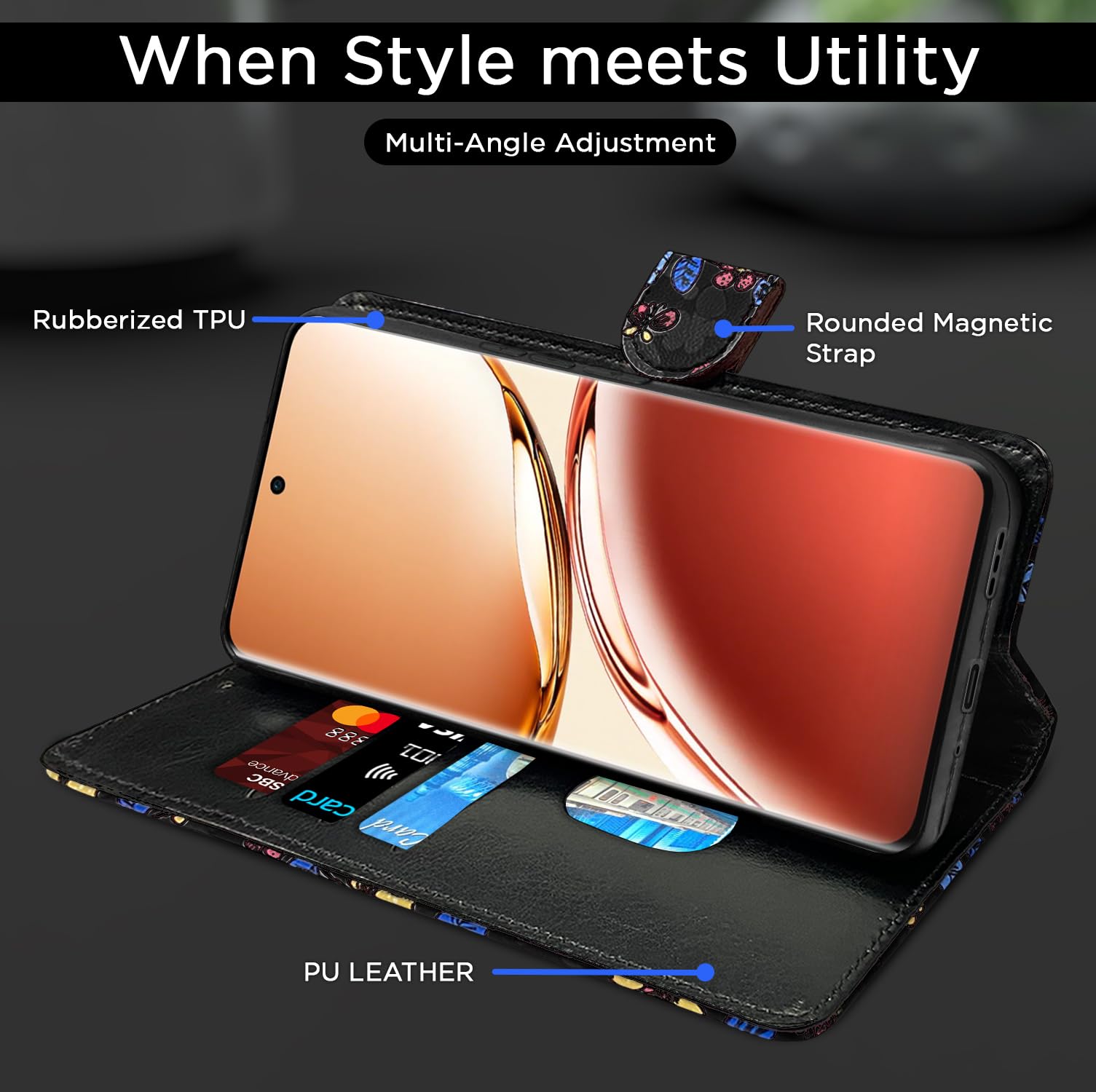 Pikkme black flower Wallet flip case for Oppo F27 Pro Plus 5G – photo 5