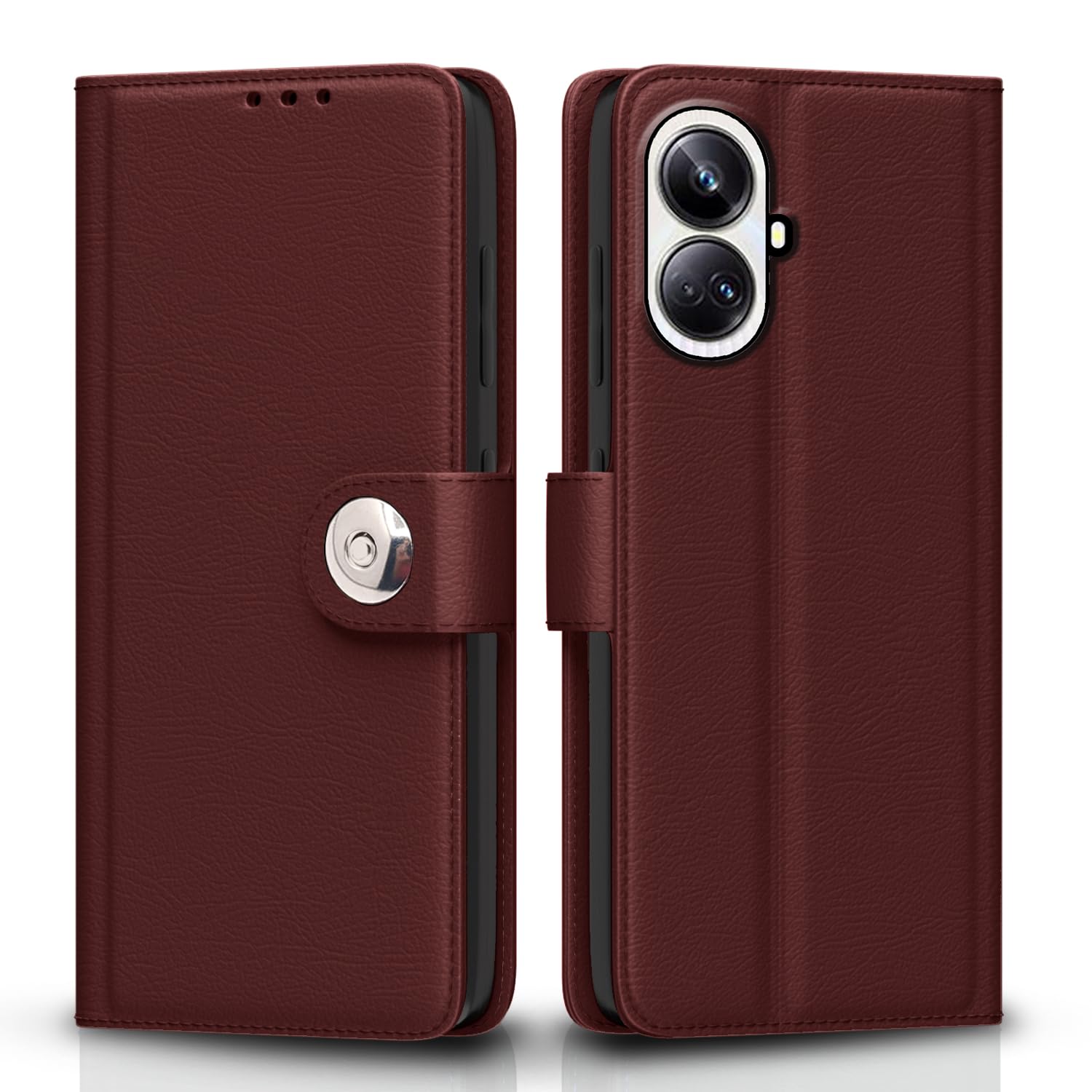 Brown Button wallet flip cover for Realme 10 Pro Plus 5G – Pikkme
