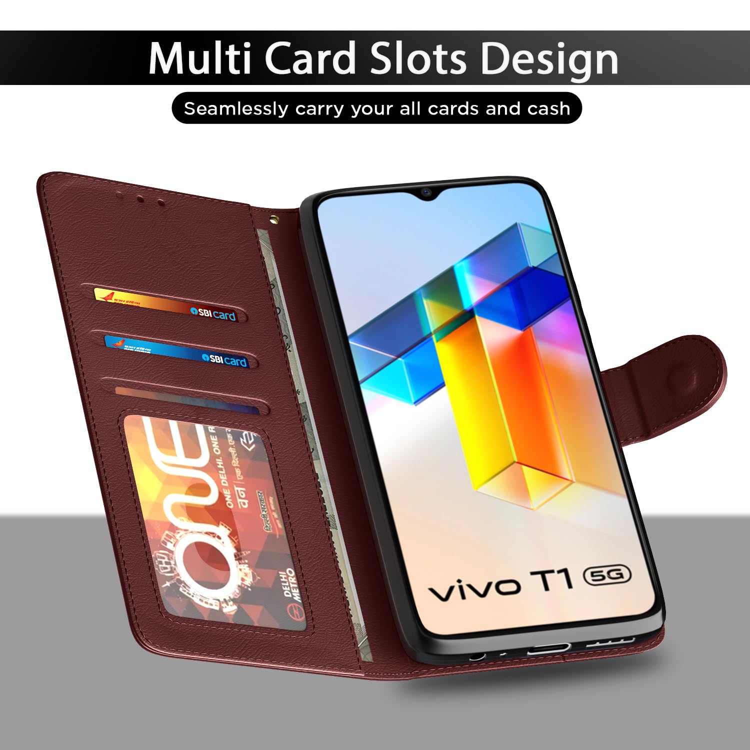 Pikkme brown wallet flip cover for Vivo T1/Y75/iQOO Z6 5G – photo 5