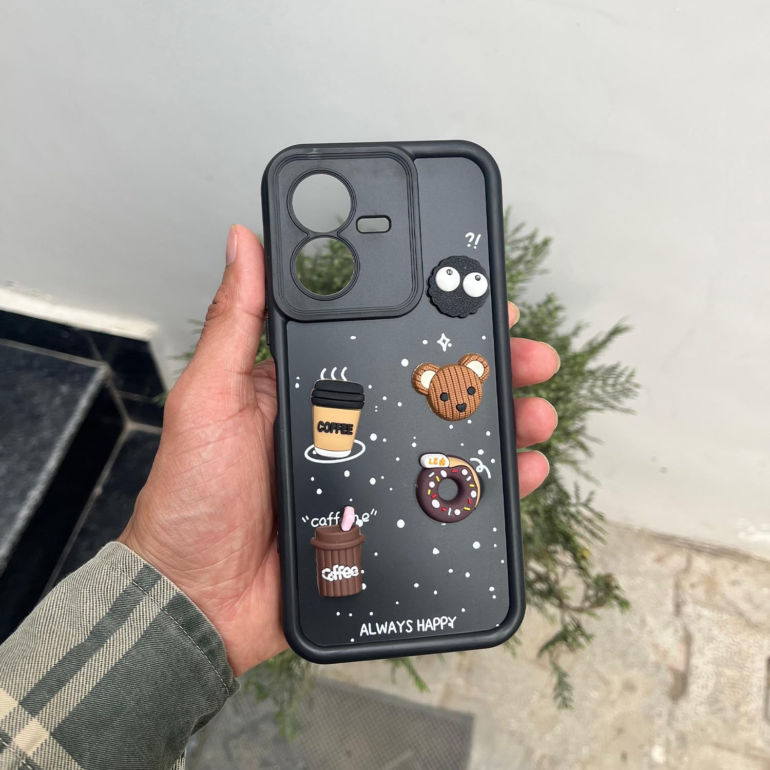 Pikkme Vivo Y22 Cute Fun Cartoon 3D Bear Coffee Back Cover (Black)