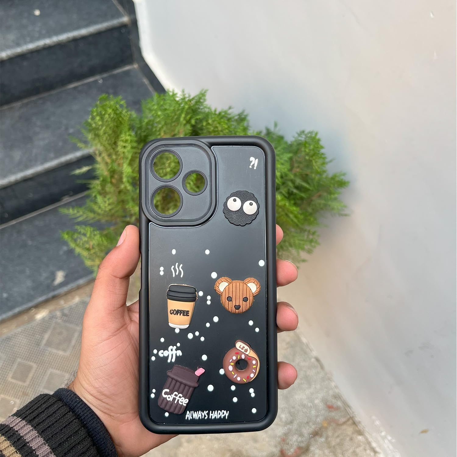 Pikkme Bumper Case for Redmi 12 5G / Poco M6 Pro 5G Cute Fun Cartoon 3D Bear Coffee Back Cover (Black)