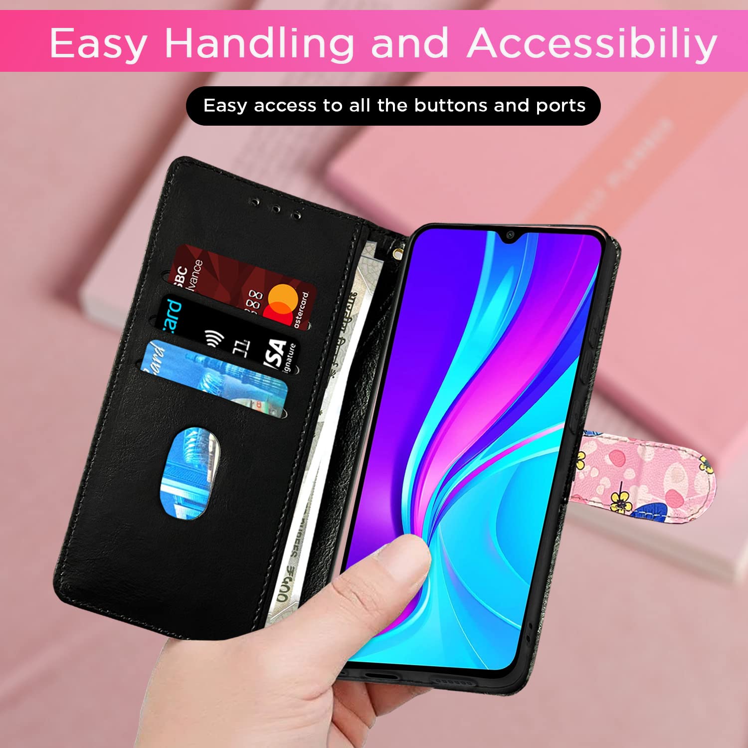 Pikkme Mi Redmi 10A / 10A Sport/Redmi 9 / Redmi 9 Activ / 9C / Poco C31 Flower Flip Cover (Pink)