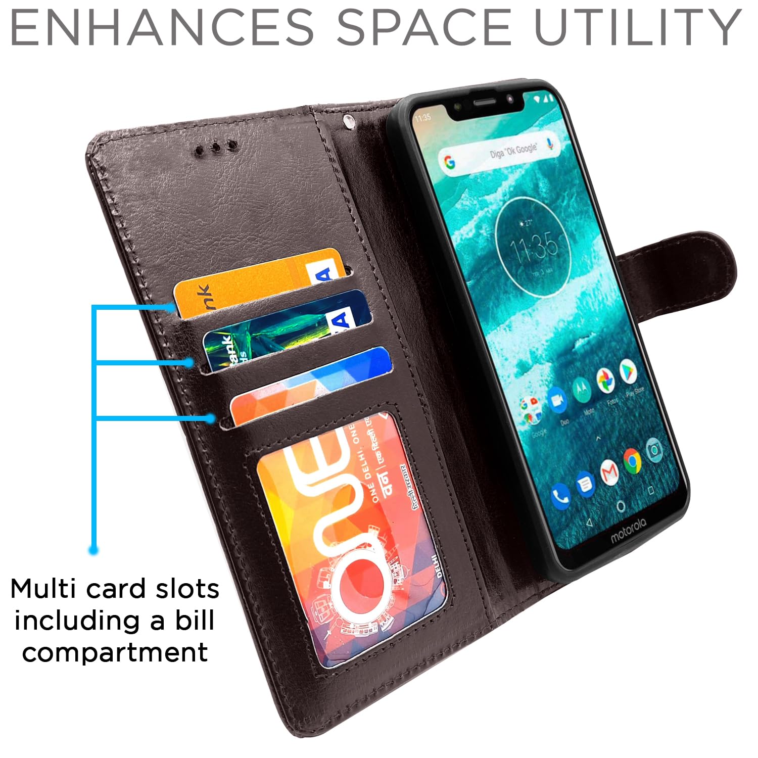 Moto One Power Wallet wallet flip cover in coffee by Pikkme – photo 2