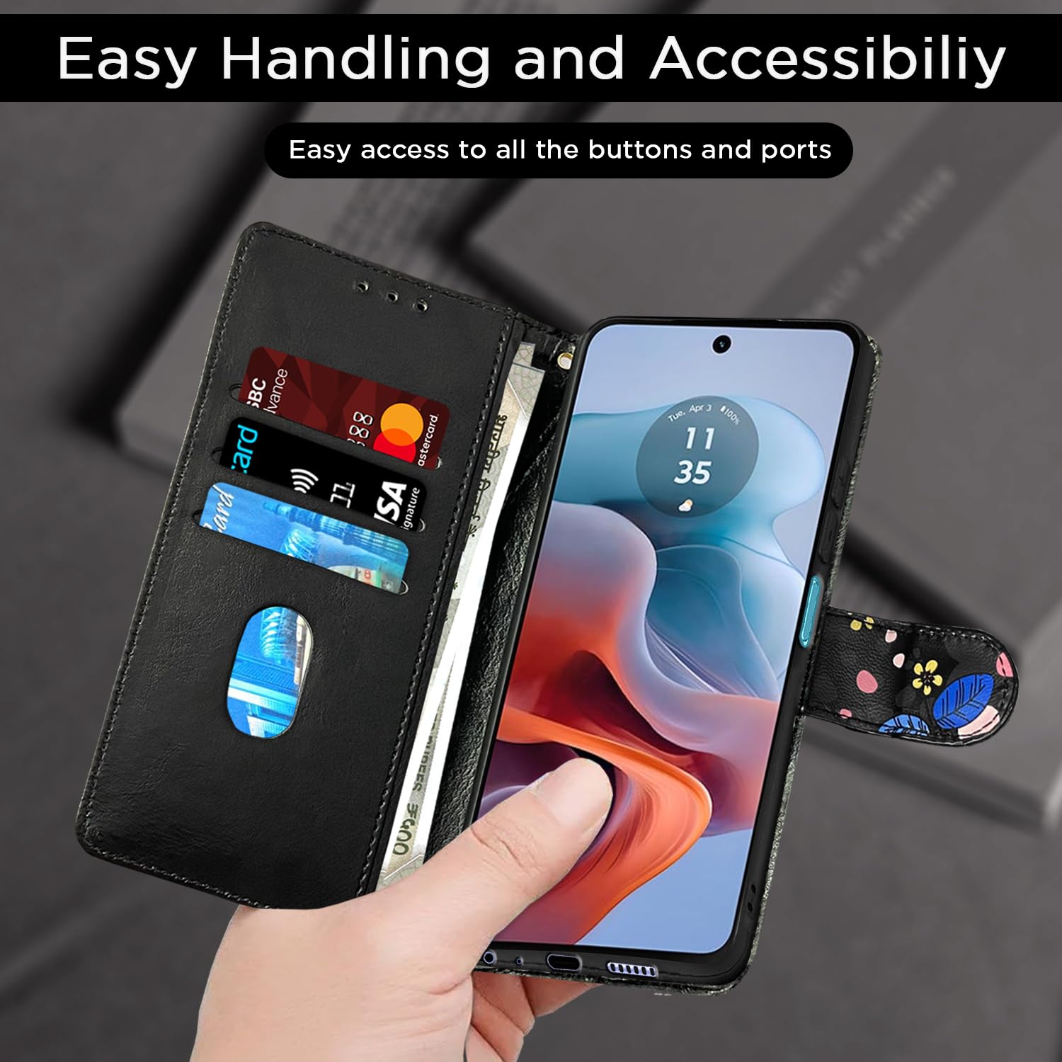 Pikkme Moto G24 Power black flower wallet flip cover – photo 4