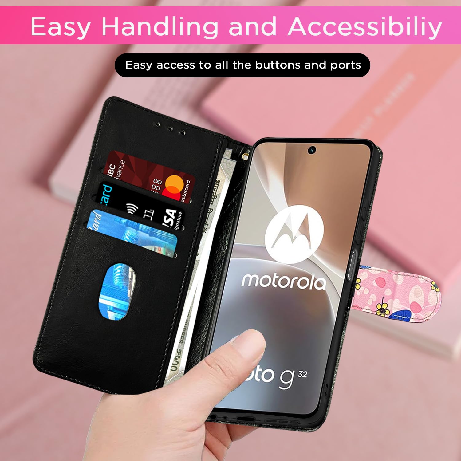 Moto G32 Wallet flip cover in pink flower by Pikkme – photo 4