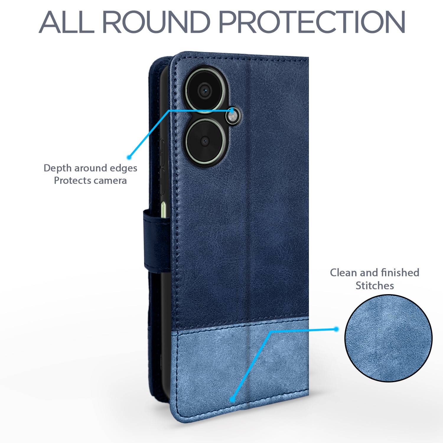 Pikkme Redmi 13C 5G Dual-Tone PU Leather Finish Magnetic Flip Cover (Navy & Light Blue)